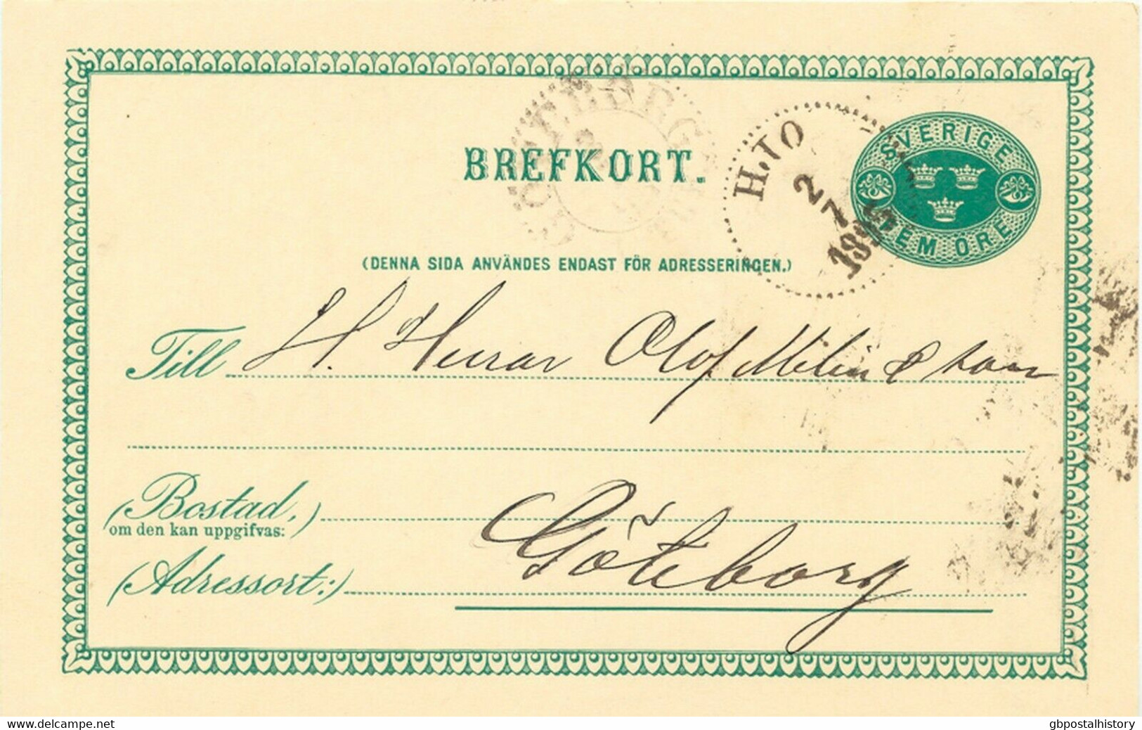 SCHWEDEN 2.7.1895, "HJO" K1 Klar A. 5 (FEM) Öre Grün GA-Postkarte, GA-ABART - Abarten Und Kuriositäten