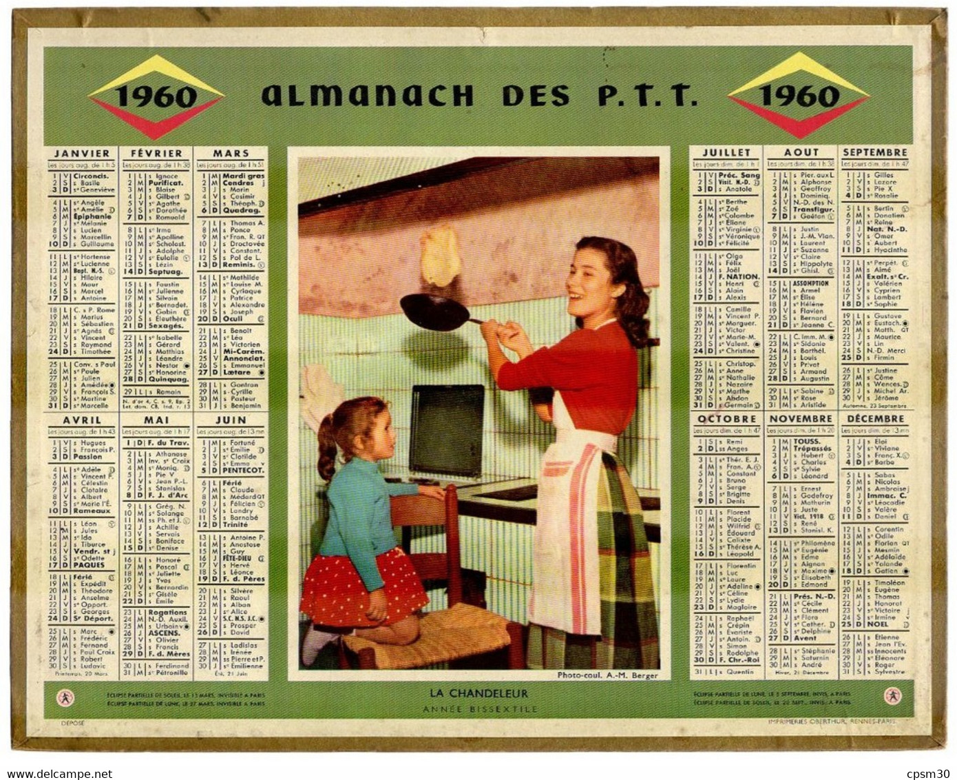 CALENDRIER GF 1960 - Pour La Chandeleur, Faisons Sauter Les Crêpes, Imprimeur Oberthur Rennes - Big : 1941-60