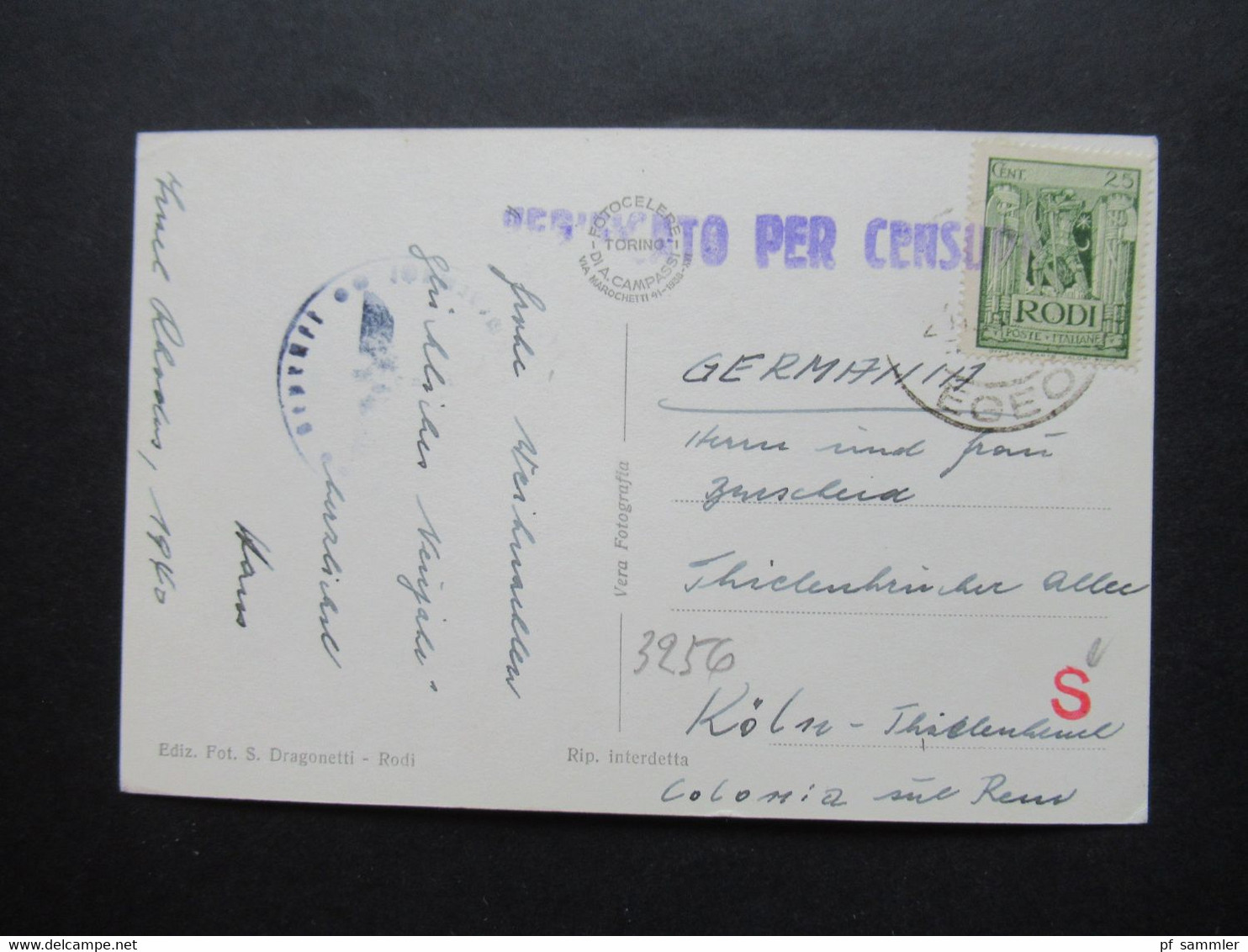 Rhodos / Rodi Egeo / Ägäis 1940 Italienische Besetzung Nr. 20 EF Mit 2 Zensurstempel Censura Und OKW Zensur Echtfoto AK - Egée (Rodi)