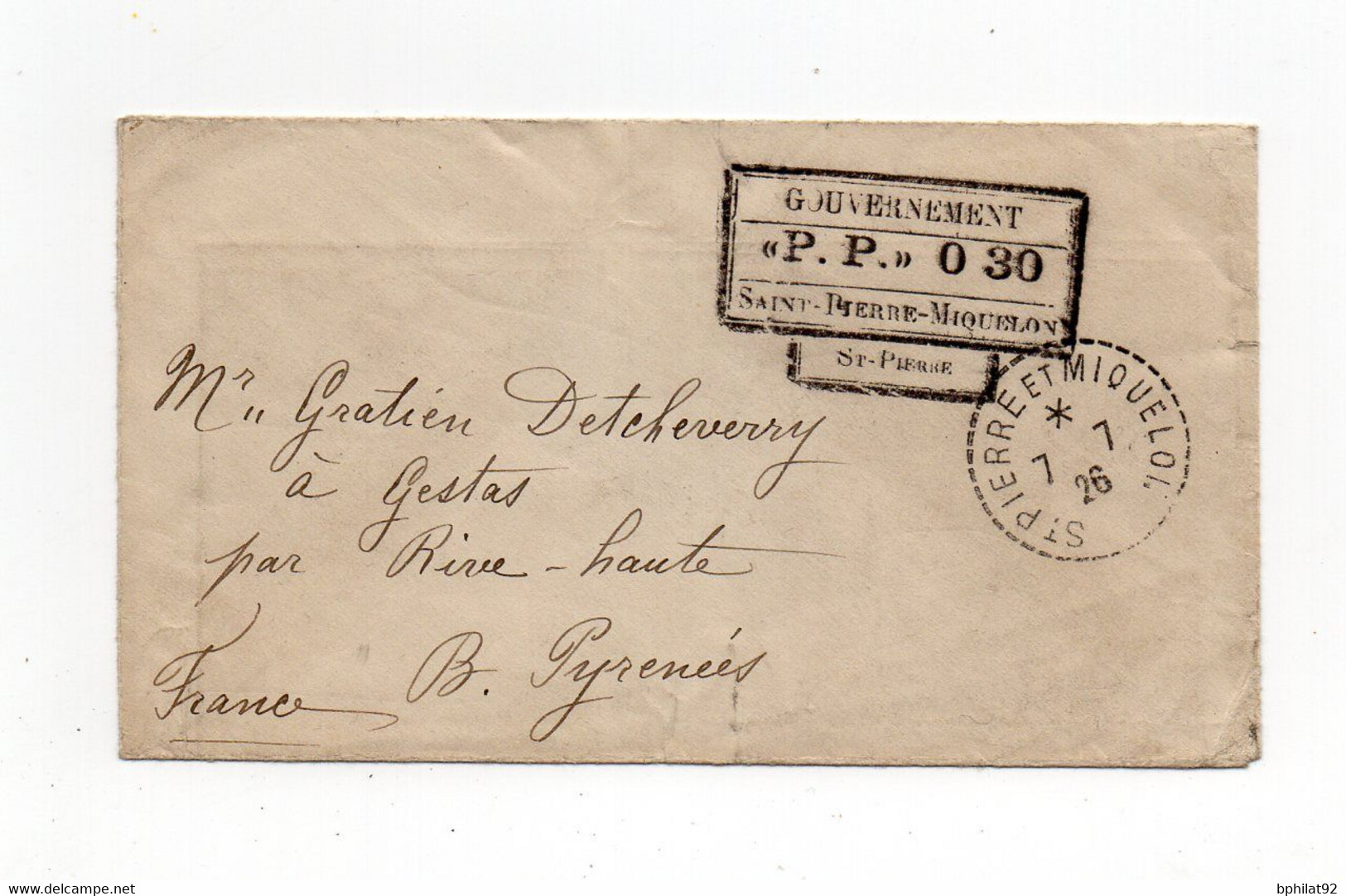 !!! ST PIERRE ET MIQUELON, LETTRE DE 1926 POUR GESTAS, CACHET GOUVERNEMENT PP 0,30 - Cartas & Documentos