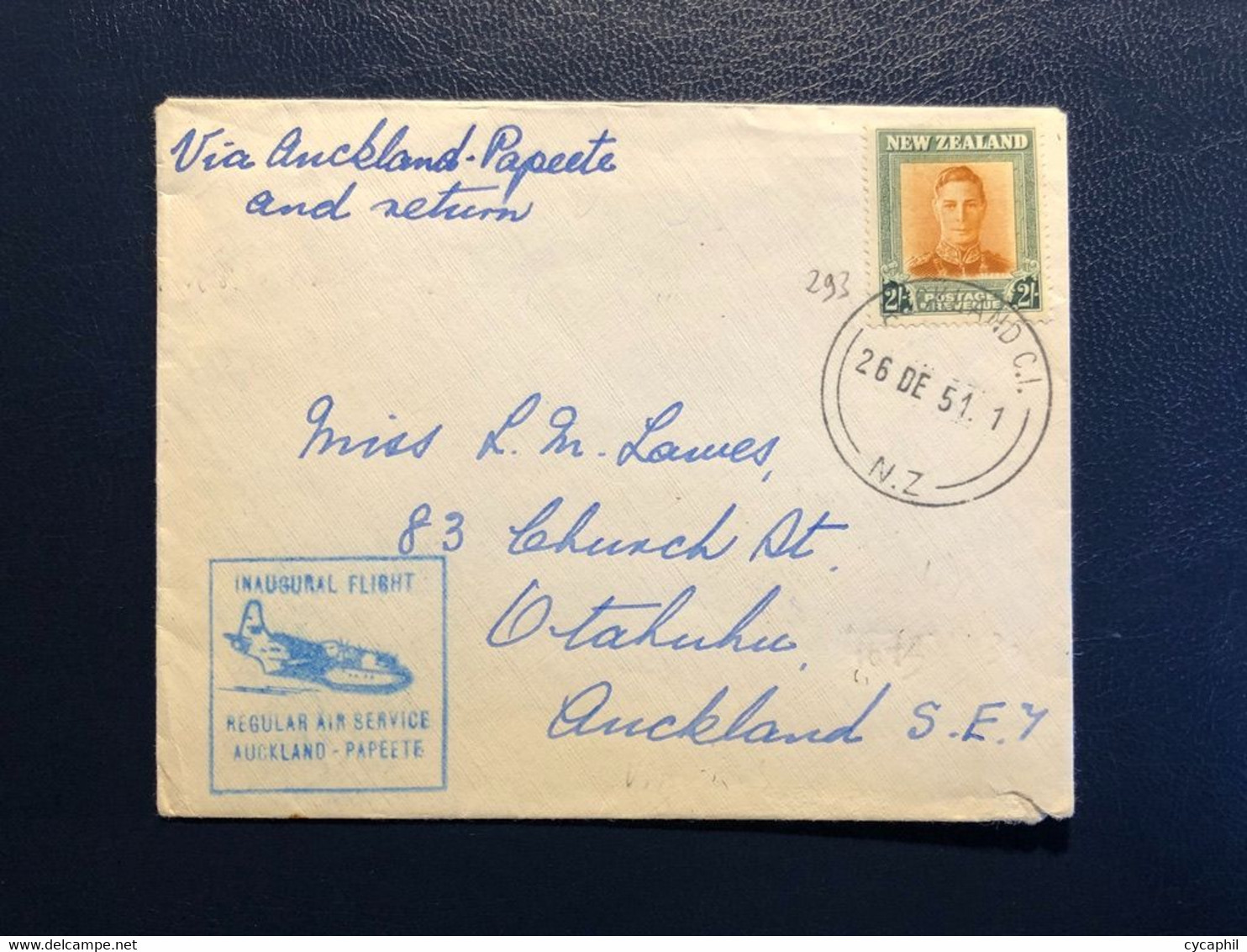 NEW ZEALAND N°293 OBL AUCKLAND (26.12.1951) Sur Lettre, Cachet Illustré INAUGURAL..., Verso Cachet Rect. PREMIERE..., TB - Luftpost