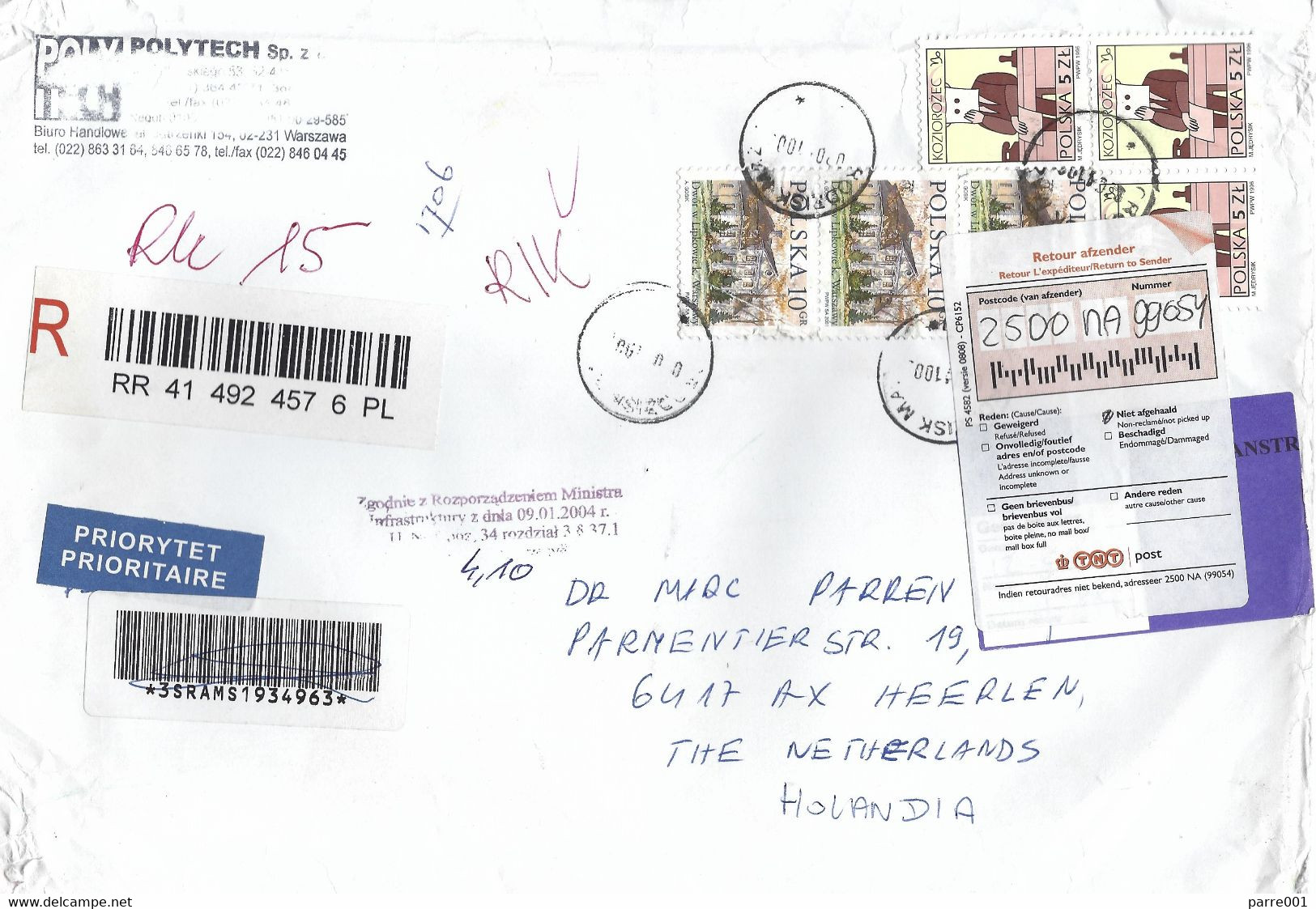 Poland 2010 Warschaw Returned Handstamp 'In Accordance With The Ministry Regulation..' Registered Cover To Nederland TNT - Briefe U. Dokumente