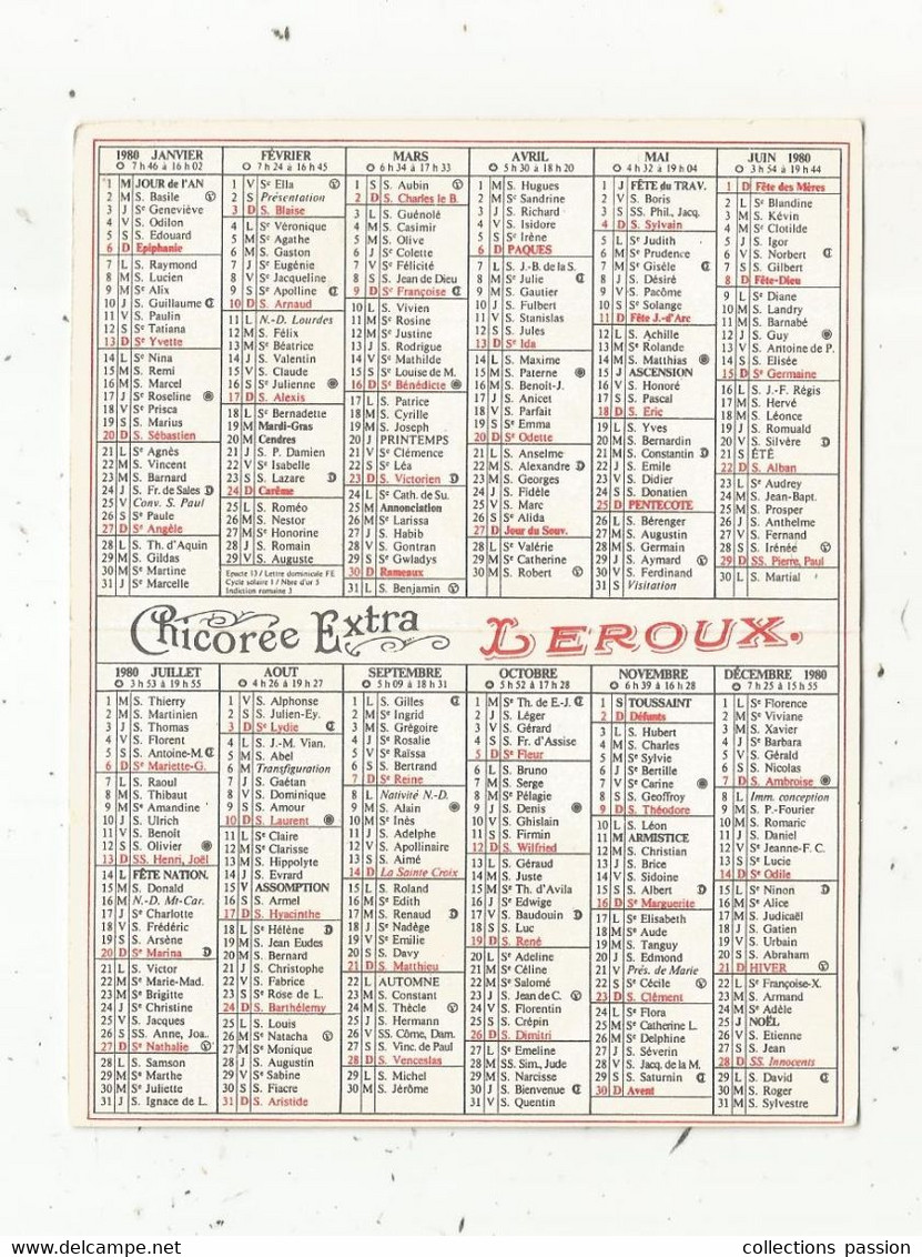 Calendrier Petit Format 1980 , Imagerie Chicorée LEROUX, 2 Scans - Tamaño Pequeño : 1971-80