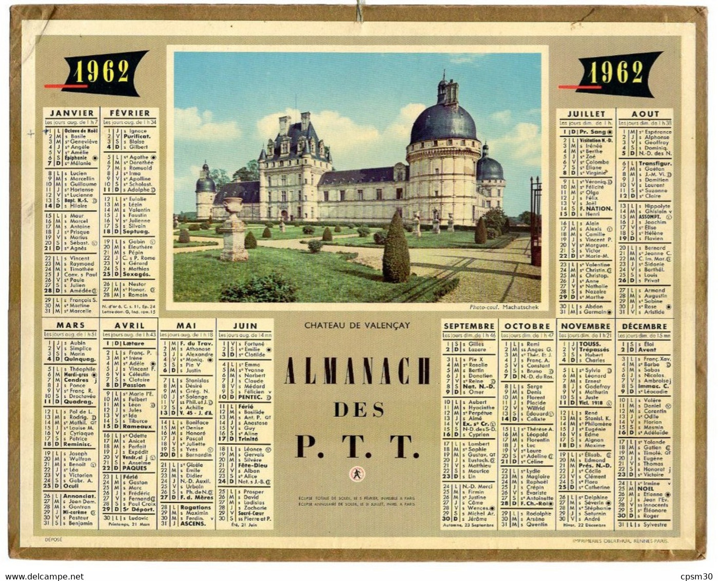 CALENDRIER GF 1962 - Chateau De Valençay - Imprimerie Oberthur Rennes - Grand Format : 1961-70