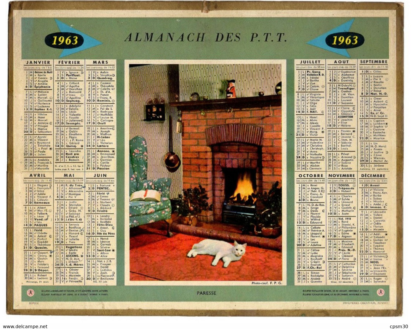 CALENDRIER GF 1963 - La Paresse Du Chat, Imprimeur Oberthur Rennes - Grand Format : 1961-70