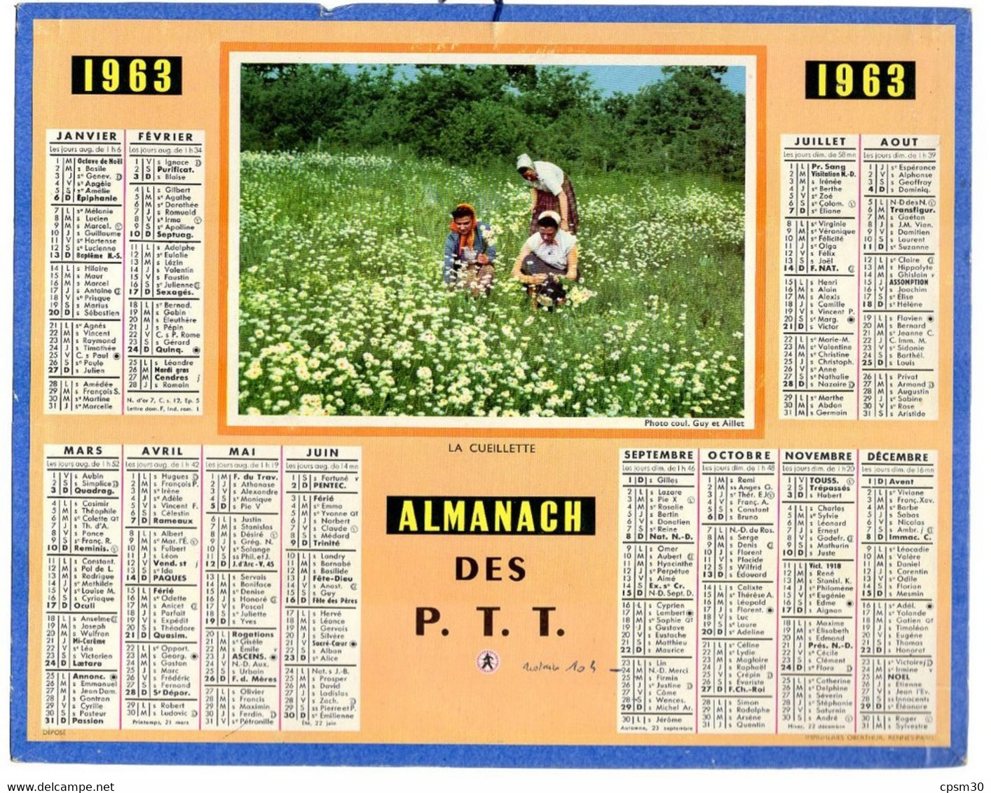 CALENDRIER GF 1963 - Cueillette Des Fleurs, Imprimeur Oberthur Rennes - Grand Format : 1961-70