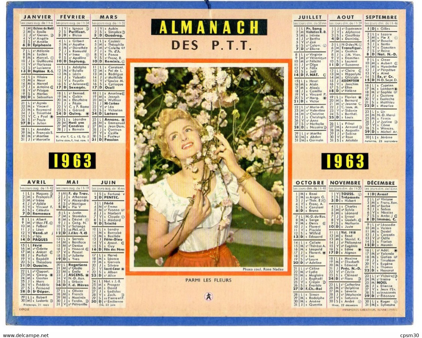 CALENDRIER GF 1963 - Parmi Les Fleurs, Imprimeur Oberthur Rennes - Grand Format : 1961-70