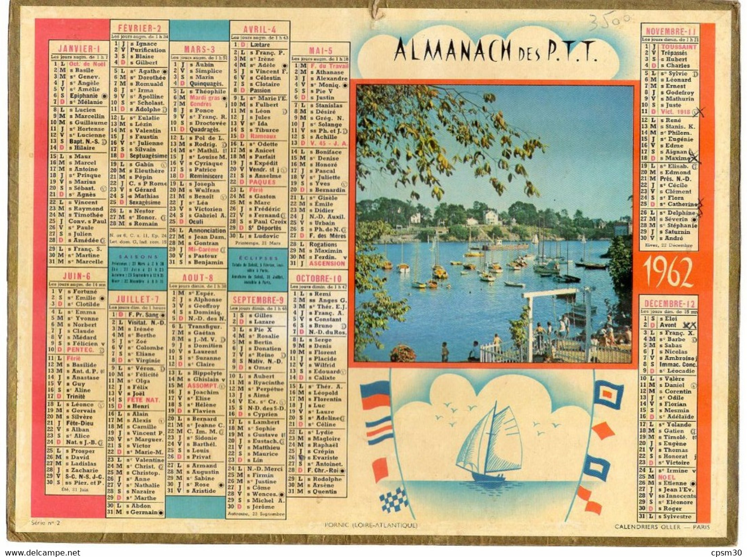 CALENDRIER GF 1962 - Port De Pornic Loire-Atlantique, Imprimeur Oller - Grand Format : 1961-70