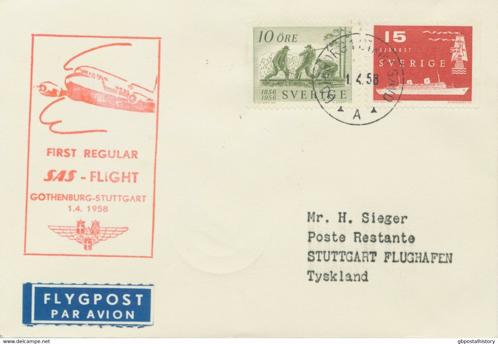 SWEDEN 1958, First Flight With SAS, First Regular Flight "GÖTEBORG - STUTTGART" - Brieven En Documenten