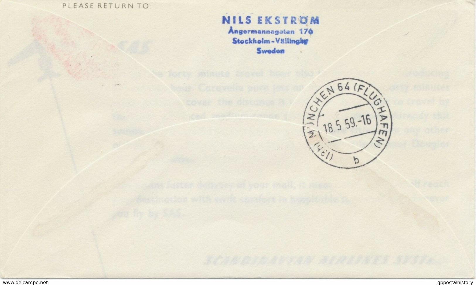 SWEDEN 1959, First Flight SAS First Caravelle Jet Flight "STOCKHOLM - MUNICH" - Cartas & Documentos