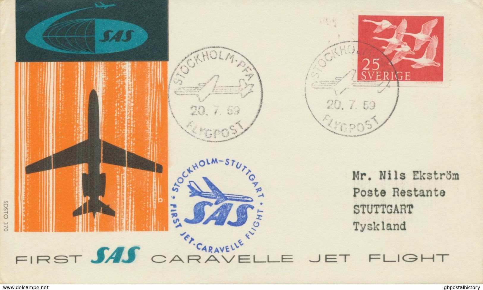 SWEDEN 1959, First Flight SAS First Caravelle Jet Flight "STOCKHOLM - STUTTGART" - Storia Postale