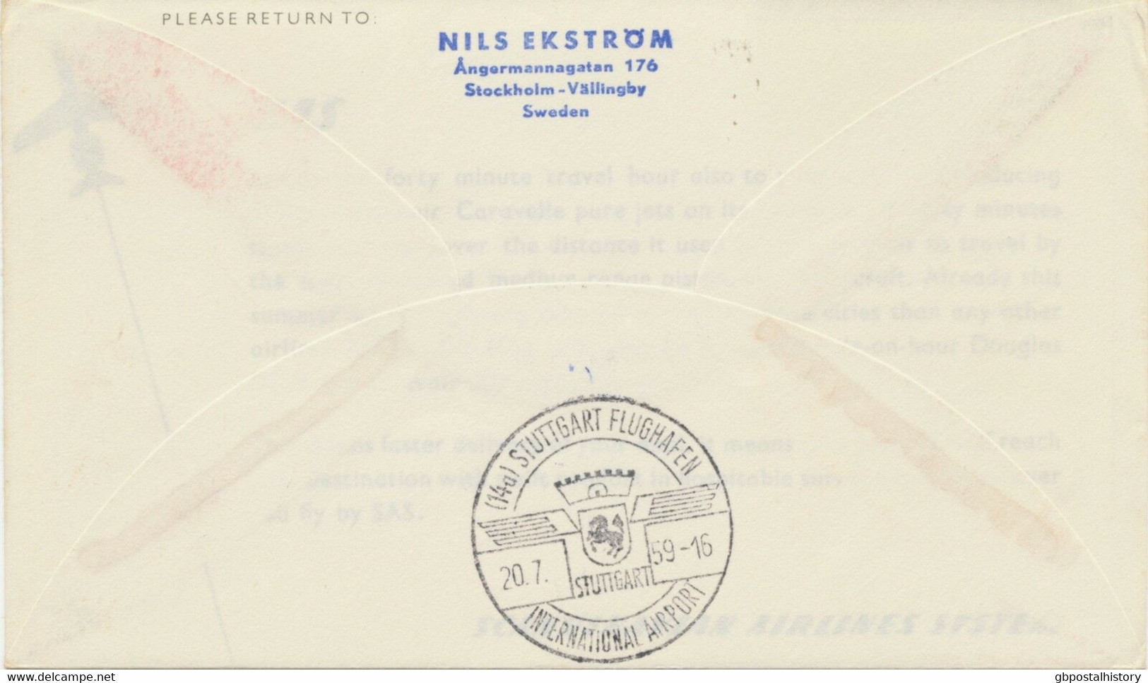 SWEDEN 1959, First Flight SAS First Caravelle Jet Flight "STOCKHOLM - STUTTGART" - Cartas & Documentos