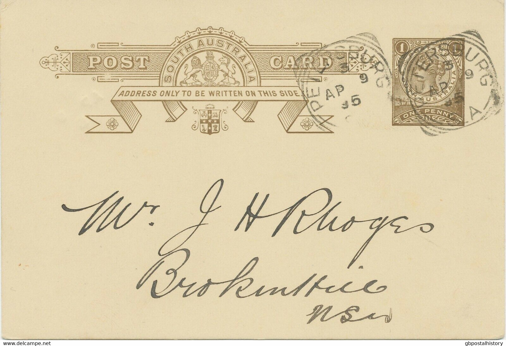 SOUTH AUSTRALIA 1895 QV One Penny Postal Stationery Pc Squared Circle PETERSBURG - Storia Postale