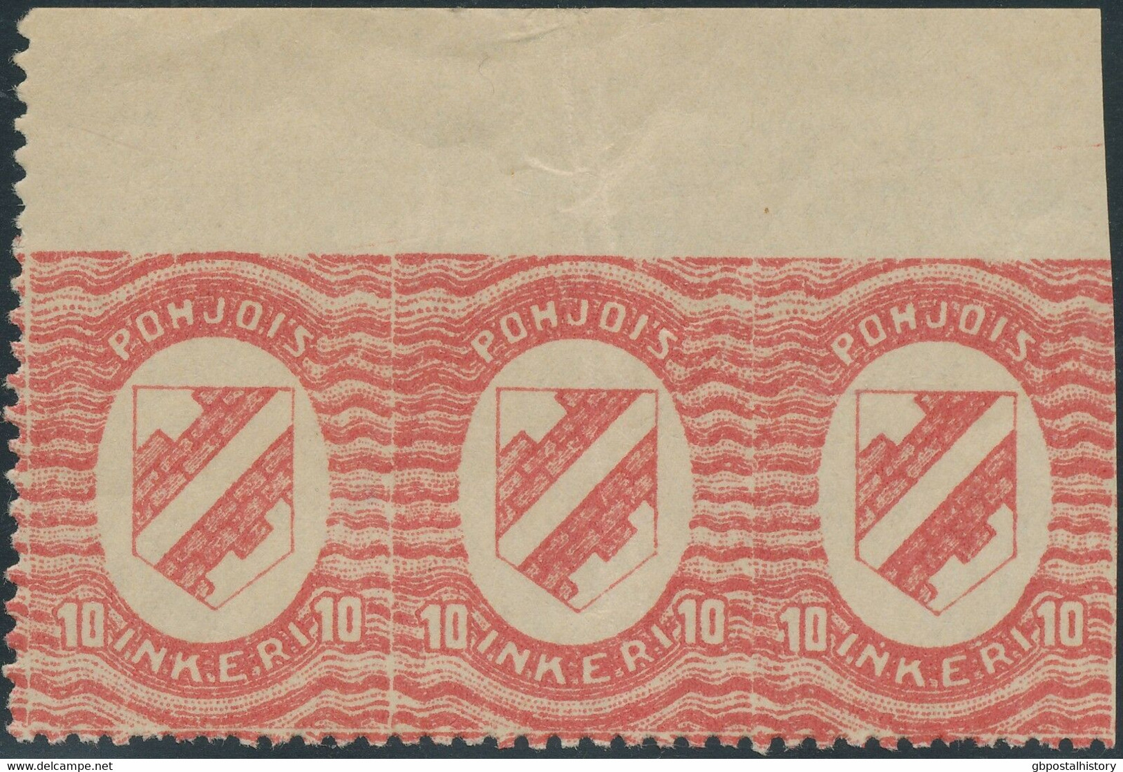 INGERMANLAND 1920 10 (P) Red VF U/M Strip Of 3, VARIETIES: PARTLY IMPERFORATED - Local Post Stamps