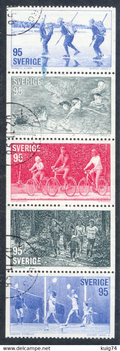 SWEDEN 1977 SPORTS STRIP OF 5 VARIETY "COLOR LINE" USED LUXUS - Errors, Freaks & Oddities (EFO)