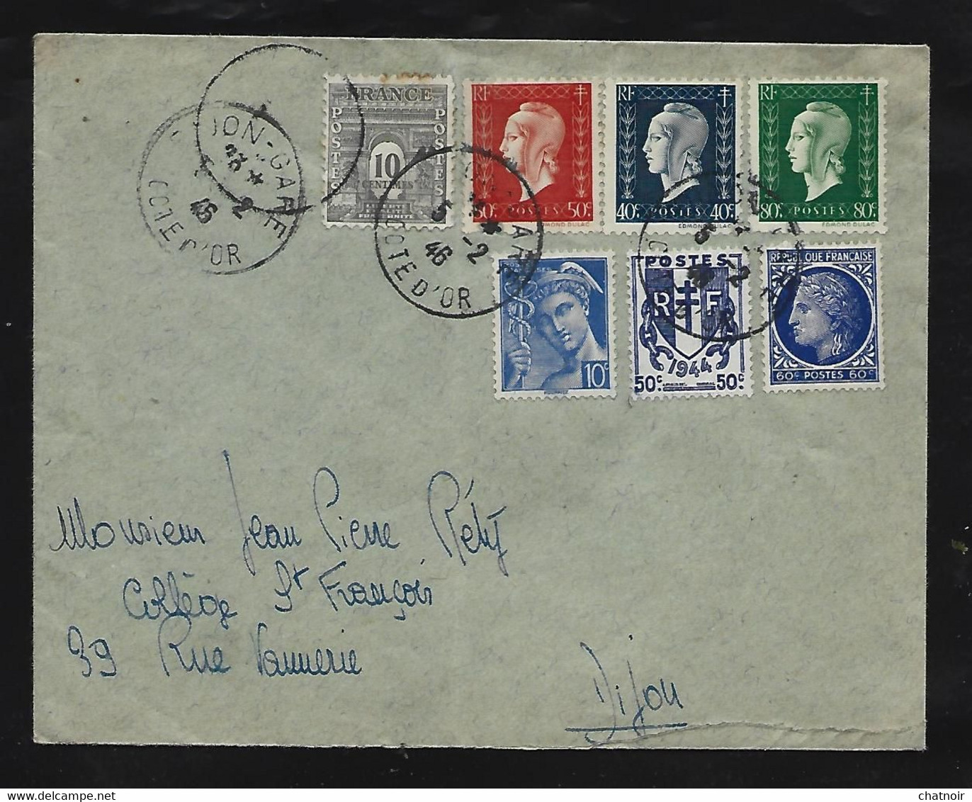 Enveloppe Oblit DIJON  1946  DULAC  CHAINE  MAZELIN  MERCURE  ARC DE TRIOMPHE - 1944-45 Marianne (Dulac)