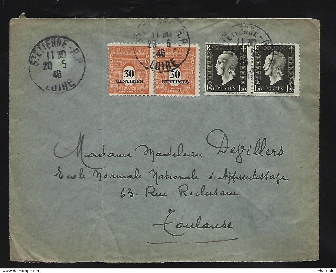 Enveloppe Oblit  ST ETIENNE 1946  1,20 Fr  X 2  DULAC  30 C  X 2  Arc + Etiquette De La Poste N 509 (envel Dechirée) - 1944-45 Marianne (Dulac)