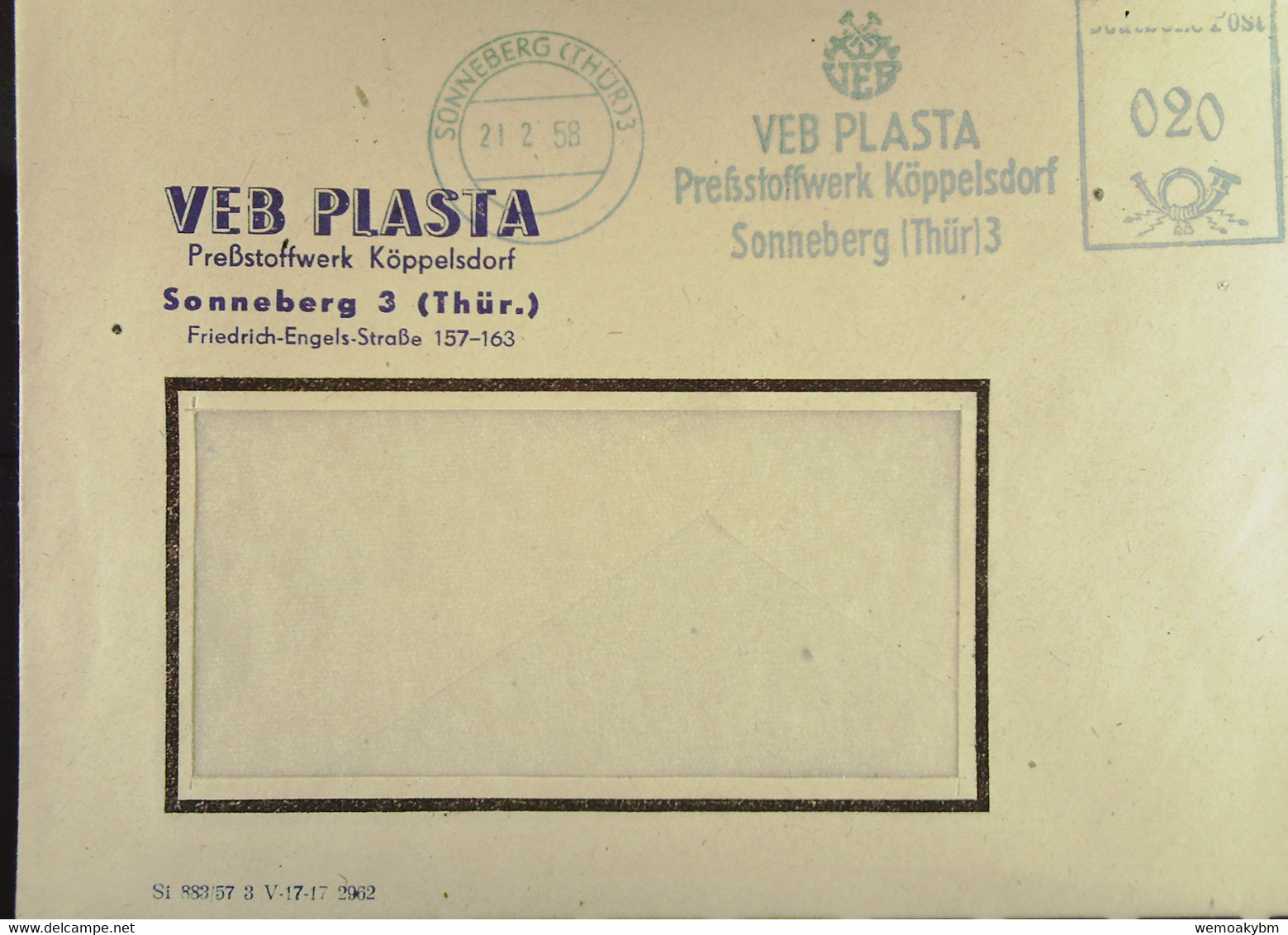 DDR: Dienst-Brief Mit AFS DP =020= "VEB PLASTA Preßstoffwerk Köppelsdorf Sonneberg (Thür) 3" Vom 21.2.58  Abs-Druck/Dv - Servicio Central De Correos