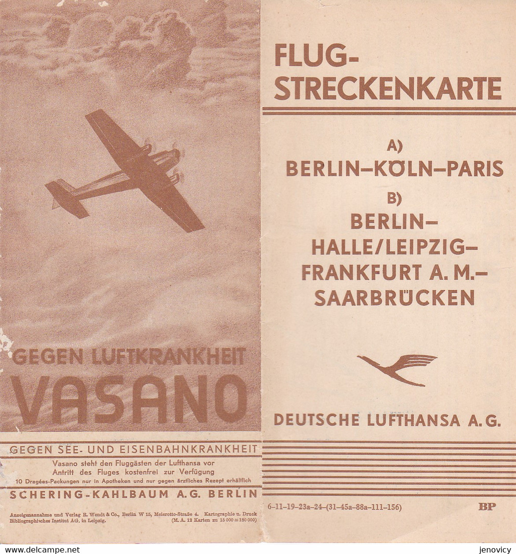 FLUG-STRECKENKARTE BERLIN-KOLN-PARIS DEUTSCHE LUFTHANSA A.G. A VOIR !!!! DEPLIANT AVEC CARTE  REF 70490 - Verkehr & Transport