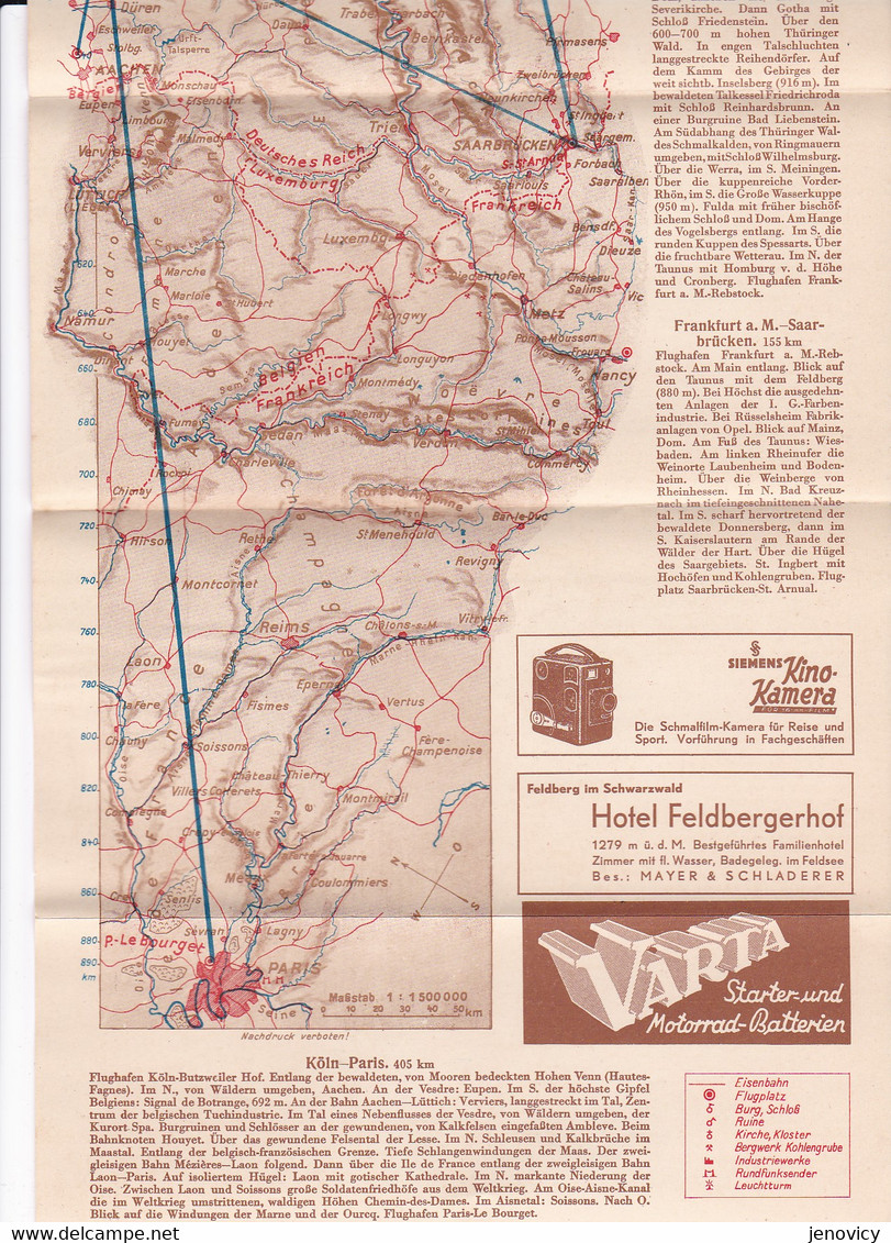 FLUG-STRECKENKARTE BERLIN-KOLN-PARIS DEUTSCHE LUFTHANSA A.G. A VOIR !!!! DEPLIANT AVEC CARTE  REF 70490 - Verkehr & Transport
