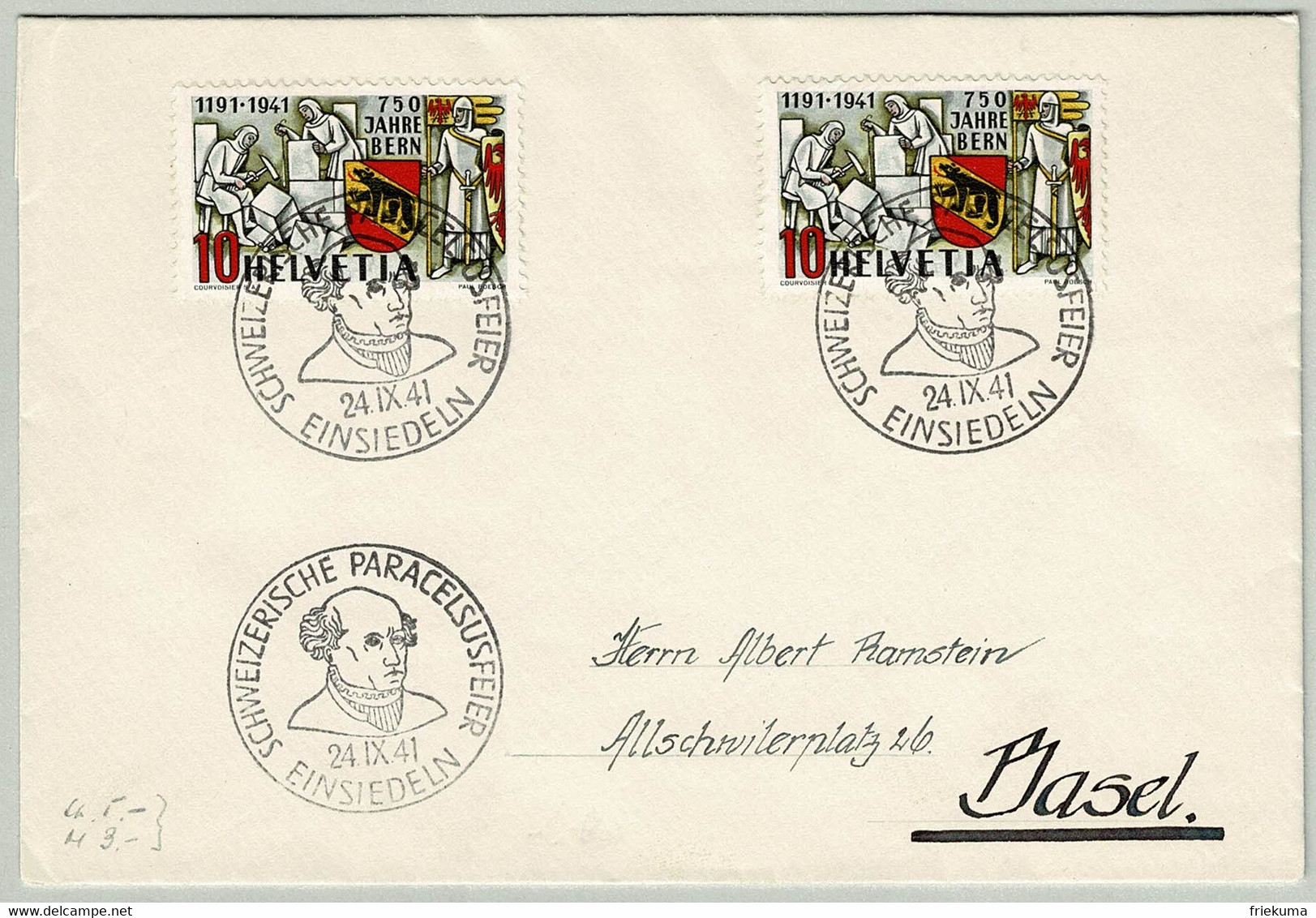 Schweiz / Helvetia 1941, Brief Paracelsus-Feier Einsiedeln - Basel, 750 Jahre Bern, Steinmetz/Stonemason - Medicine