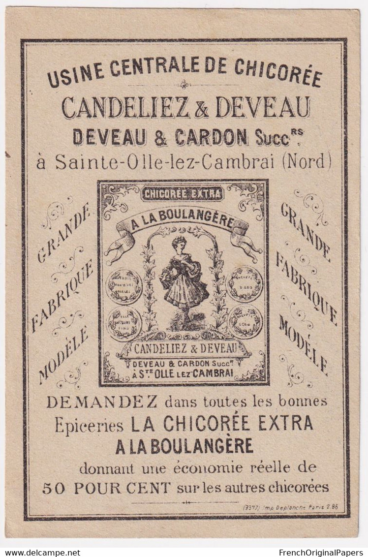 Chromo Gravure Image Devinette Chicorée Candeliez Imp. Deplanche Sainte Olle Lez Cambrai 1890 Chat Et Renard Fable 47-12 - Té & Café