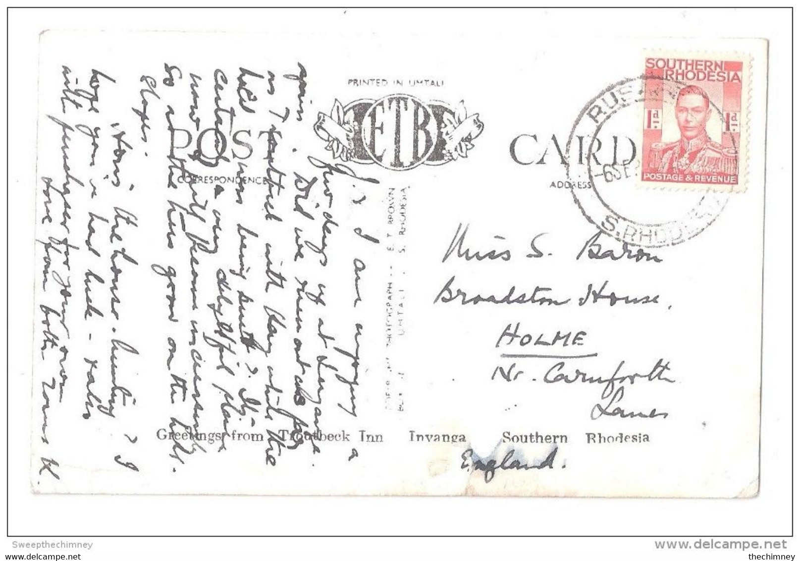 Rusape Postmark  Southern Rhodesia On A Greetings From Troutbeck Inn INVANGA Zimbabwe BY ET BROWN - Zimbabwe