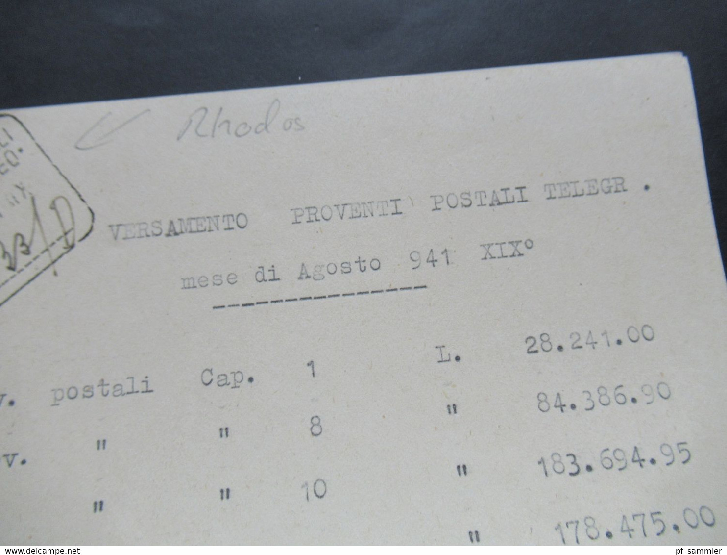 Rhodos / Rodi Egeo / Ägäis 1941 Italienische Besetzung Rechnung / Dokument Telegrafici Egeo Mese Di Agosto - Egée (Rodi)