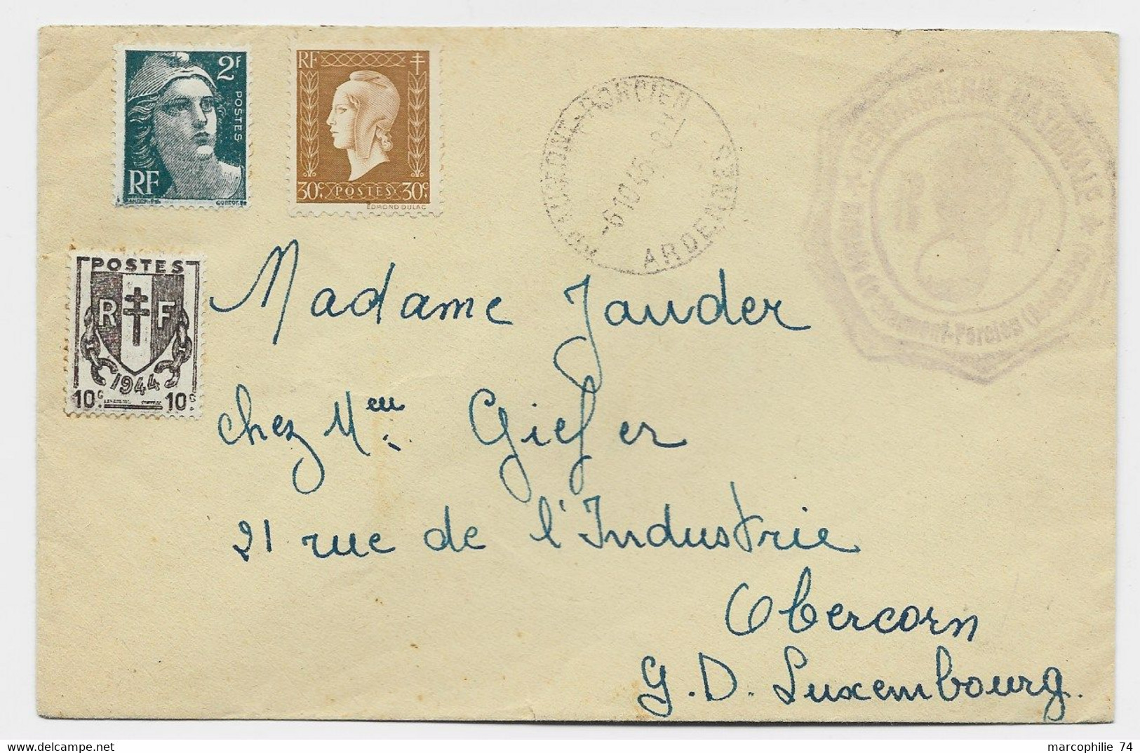 GANDON 2FR+ 30C DULAC +10C CHAINE NEUFS ?? LETTRE ARDENNES 6.10.1945 POUR LE LUXEMBOURG TARIF SPECIAL A 2FR40 - 1945-54 Marianne De Gandon