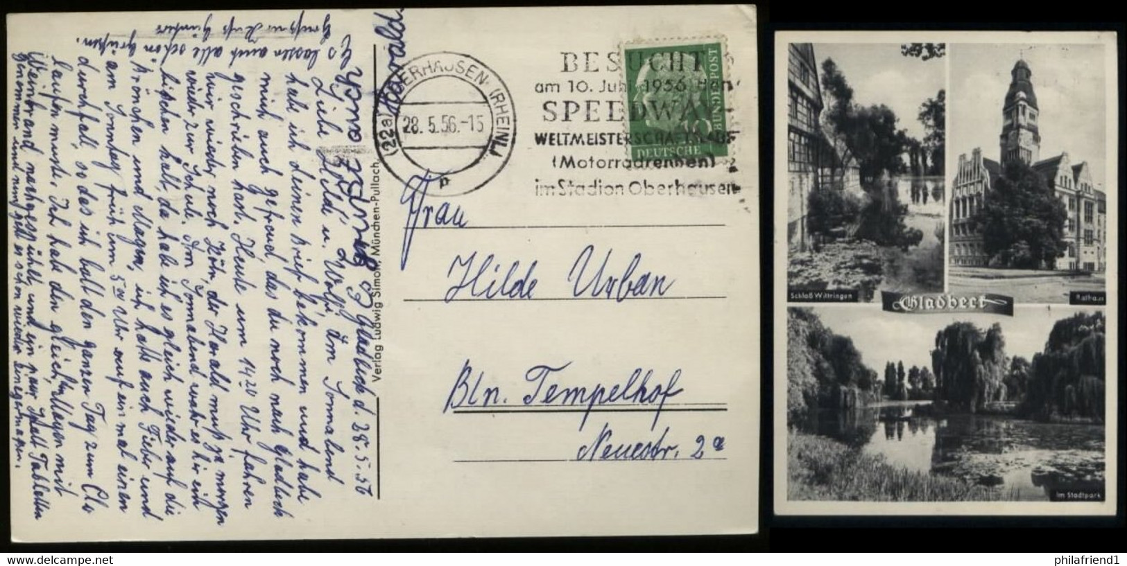 S4924 BRD Postkarte AK Gladbeck: Gebraucht Mit Werbestempel Mototorradrennen Speedway WM Oberhausen - Berlin 1956 , Be - Storia Postale