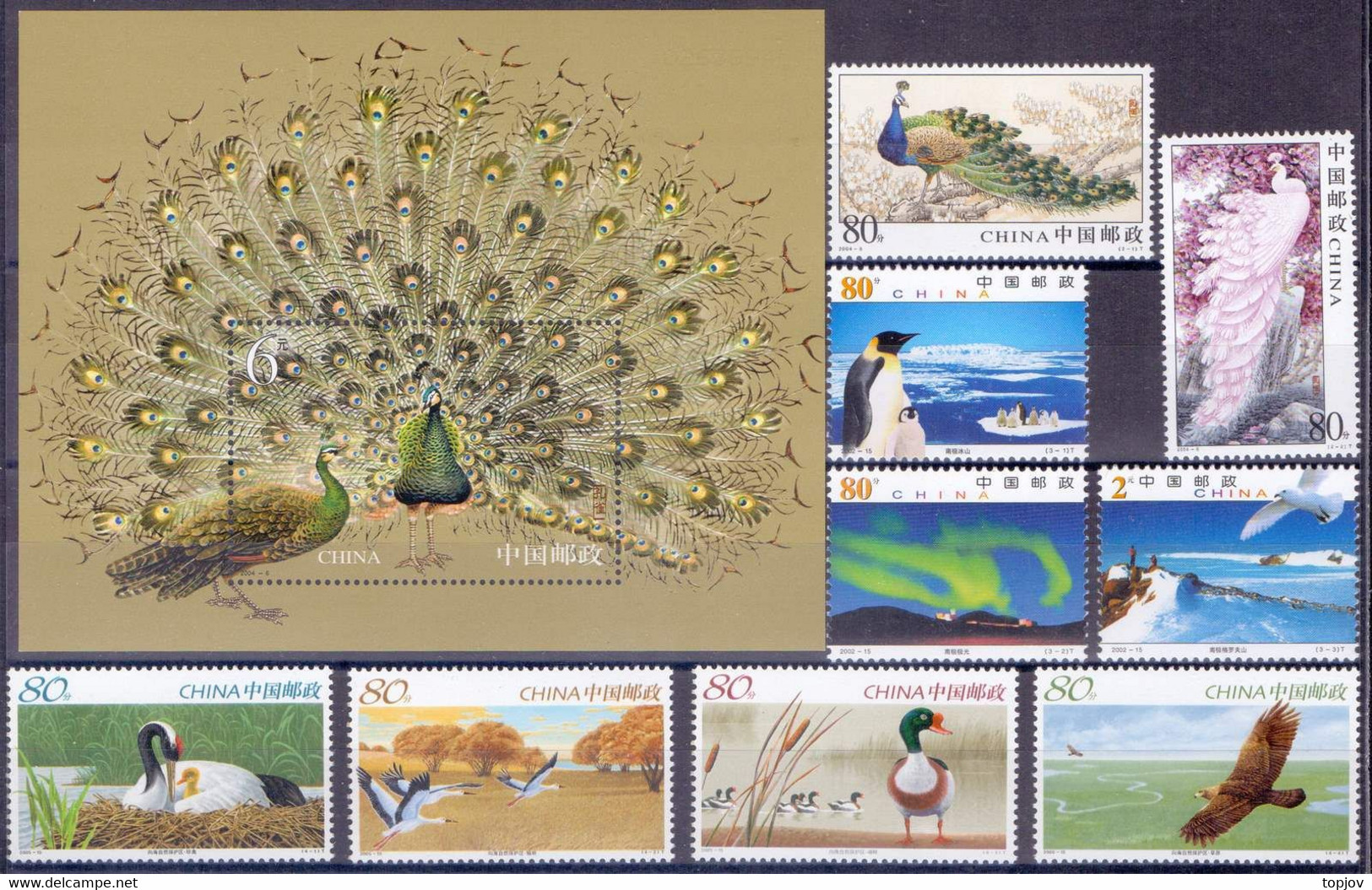 CHINA - KINA - BIRDS - LOT  DUCK, PEACOCK, EAGLE, CRANES, PENGUINS  - **MNH - 2004 - Peacocks