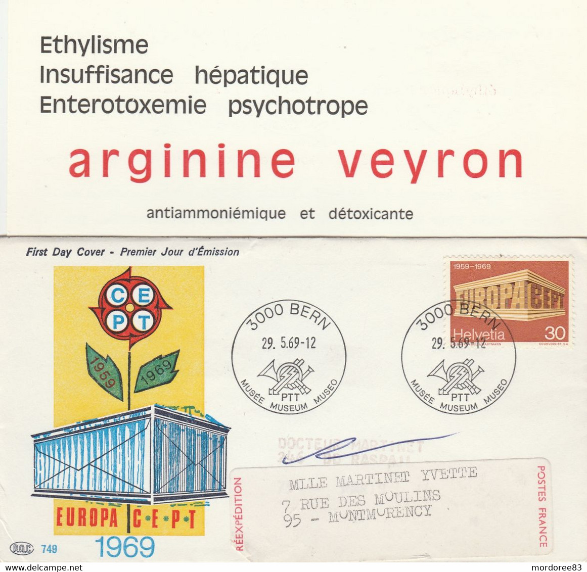 FDC EUROPA 1969 + CARTE ARGININE VEYRON POUR MONTMORENCY - Pharmacy