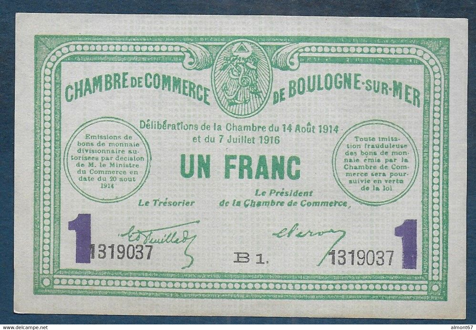 Chambre De Commerce De BOULOGNE SUR MER -  1 Franc - Pirot N° 24 - Cámara De Comercio