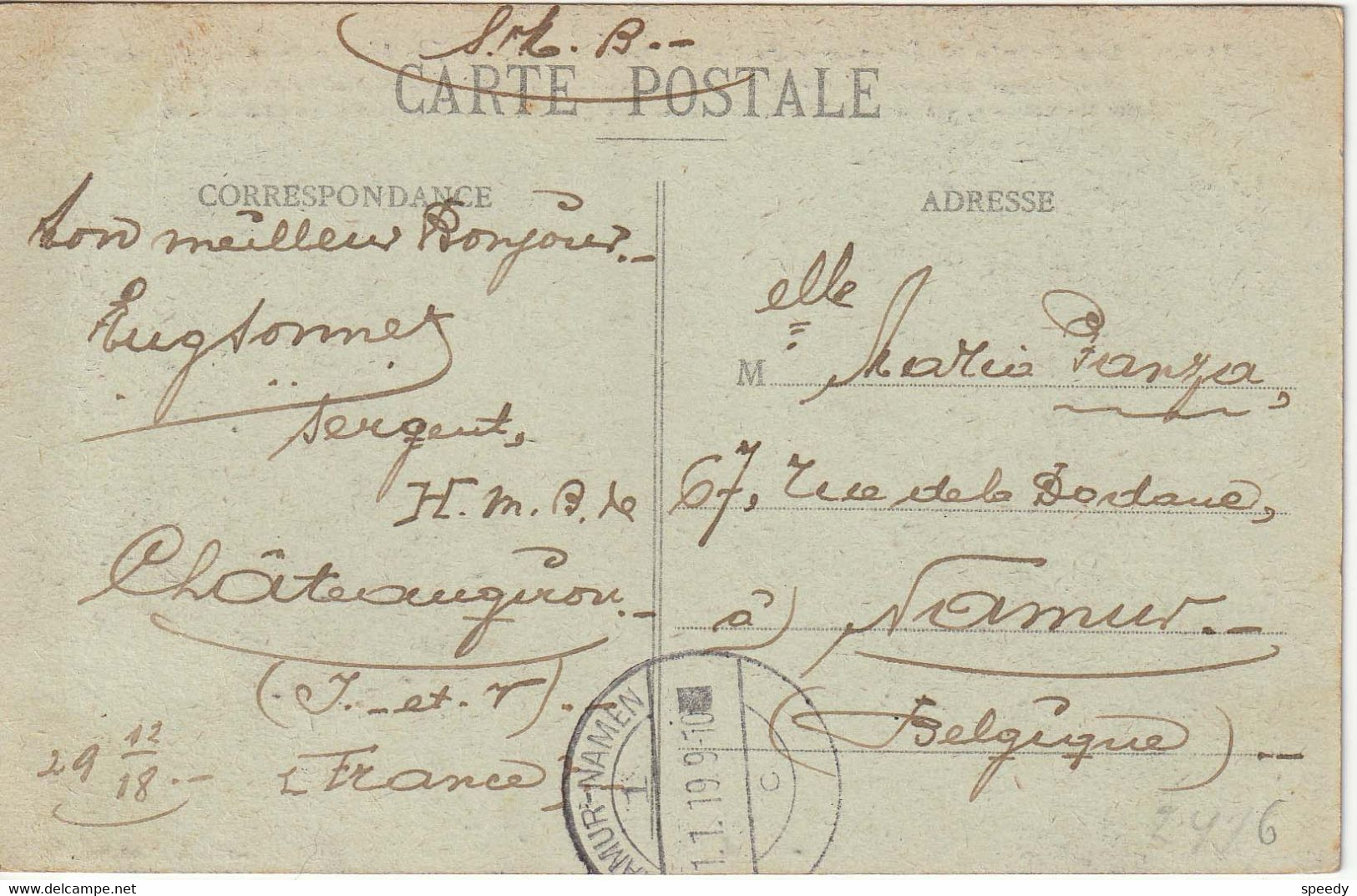 NOODSTEMPEL : ZK Van "H.M.B. Chateaugiron Naar "NAMUR-NAMEN / 1 /1.1.19 / C" (BELGIEN Geschrapt) - Fortune Cancels (1919)