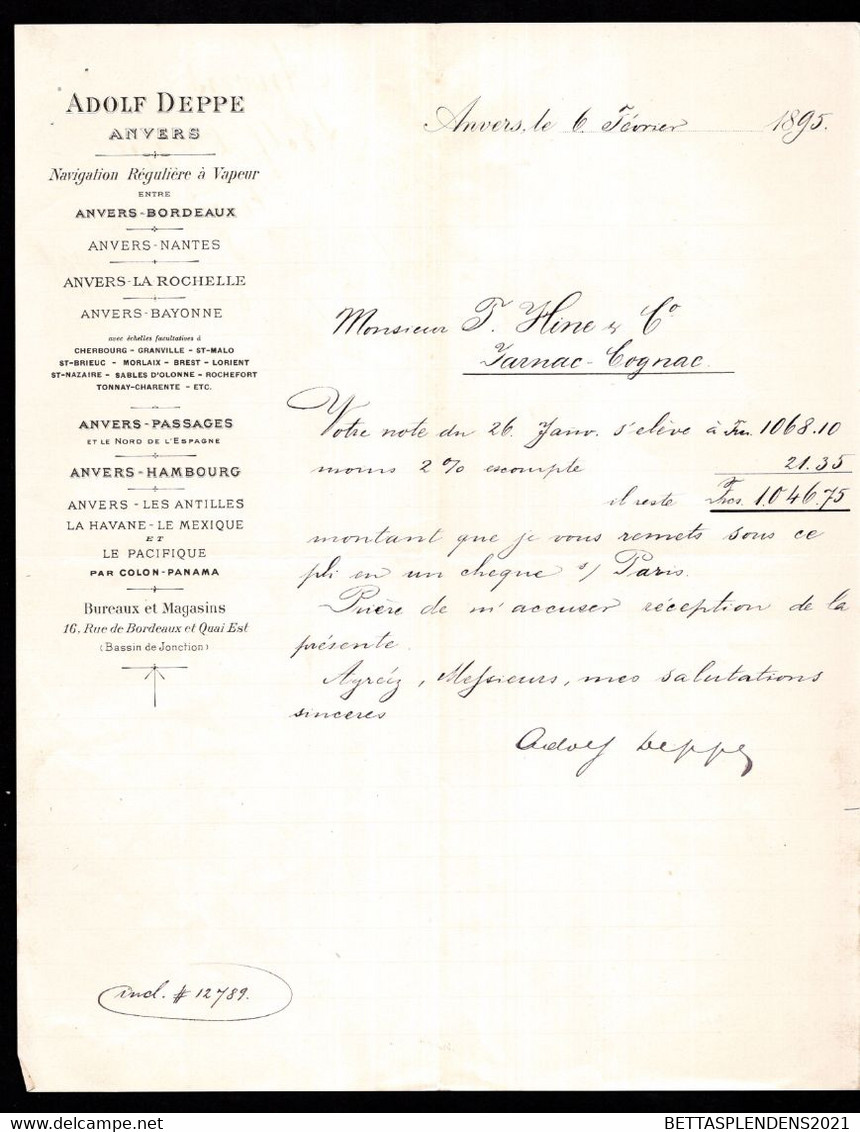 ANVERS - Courier 1895 Pour JARNAC COGNAC - ADOLF DEPPE - Navigation Régulière à Vapeur Entre ANVERS - BORDEAUX  Etc... - 1800 – 1899