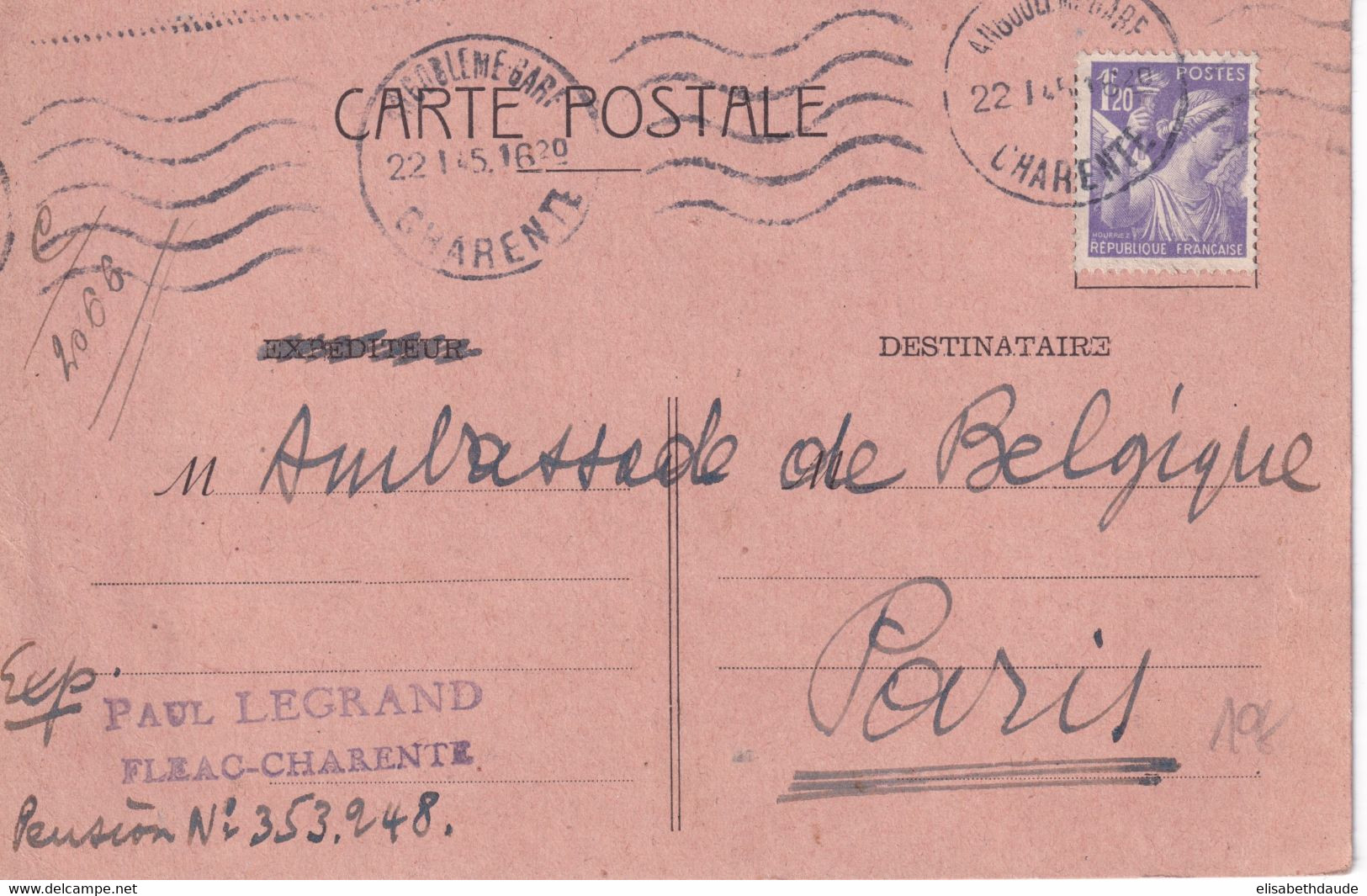 1945 - CP IRIS D'un INVALIDE 14/18 BELGE PLAINTE D'ETRE PLUS MAL TRAITE QUE SOUS L'OCCUPATION ! => L'AMBASSADE à PARIS - Guerre 40-45 (Lettres & Documents)