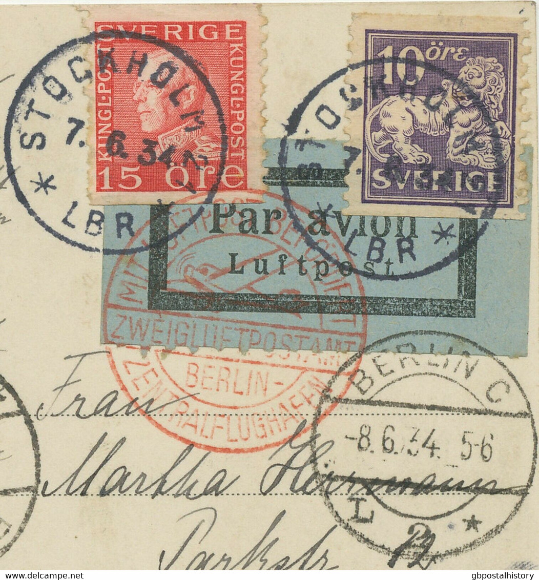 SWEDEN 1934 Mixed Postage Superb Airmail Pc CDS "STOCKHOLM 21 / * LBR *" BERLIN - Covers & Documents