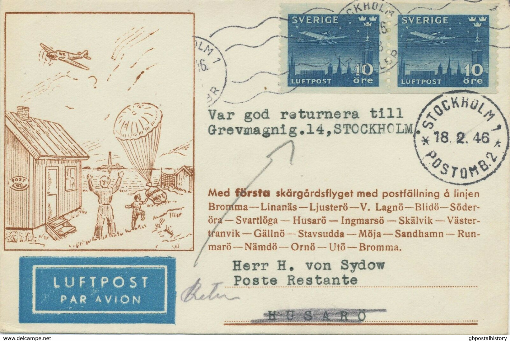 SWEDEN 1946 Superb Rare Domestic Parachute First Post Flight STOCKHOLM - HUSARÖ - Cartas & Documentos