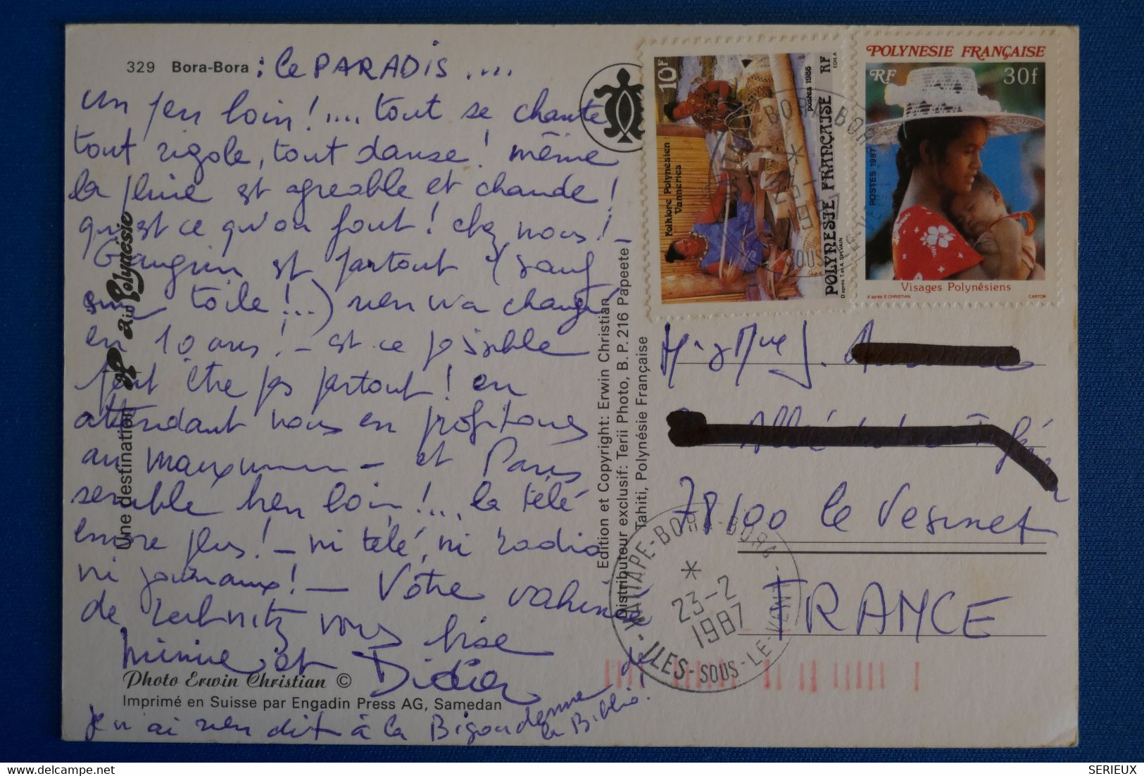 N10 POLYNESIE BELLE CARTE 1987  BORA BORA  POUR LE VESINET FRANCE + AFFRANCHISSEMENT PLAISANT - Lettres & Documents