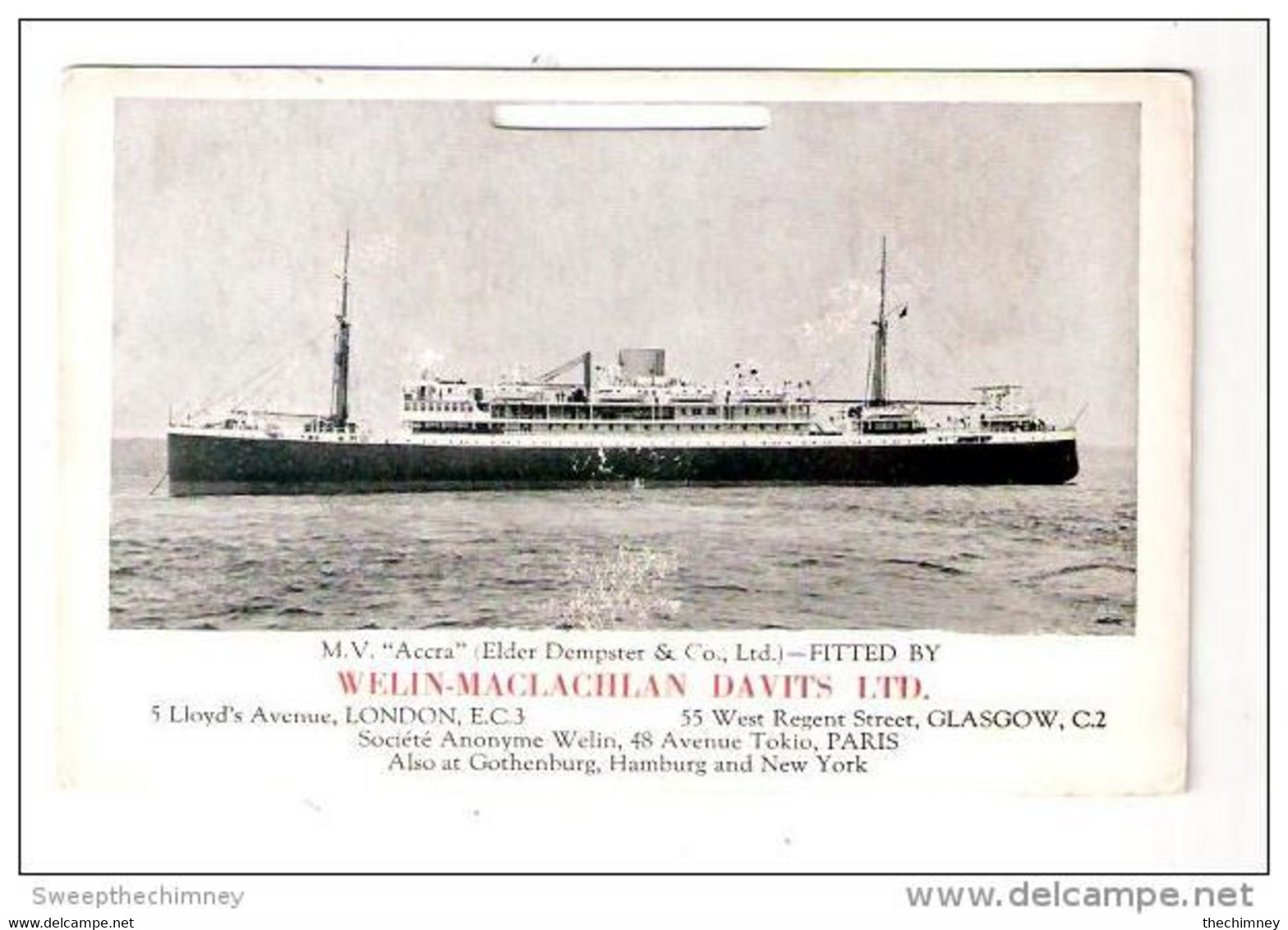 MV Accra Elder Dempster & Co Ltd Ship Steamer Fitted By Welin-Maclachlan Davits Item Is From A Tear Off Calendar - Steamers