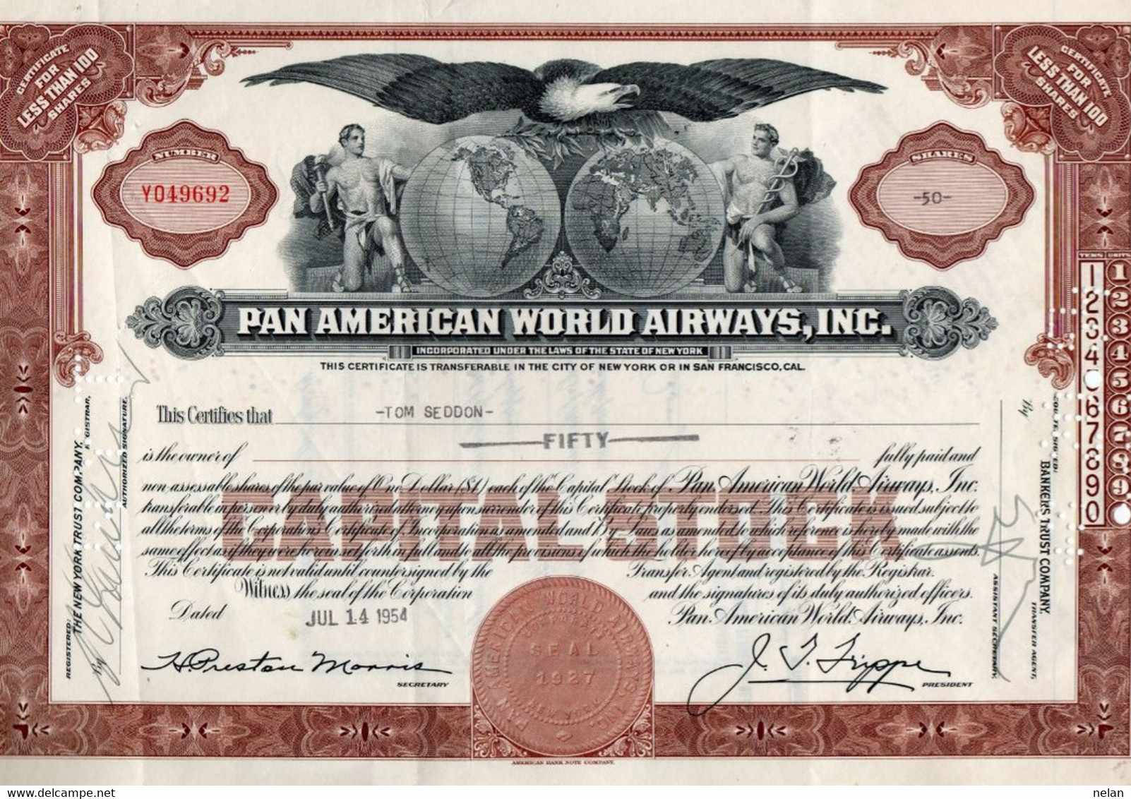 U.S.A. - PAN AMERICAN WORLD AIRWAYS INC. LOTTO 3 TITOLI BANCARI -CAPITAL STOCK -NEW YORK - SAN FRANCISCO - Aviación
