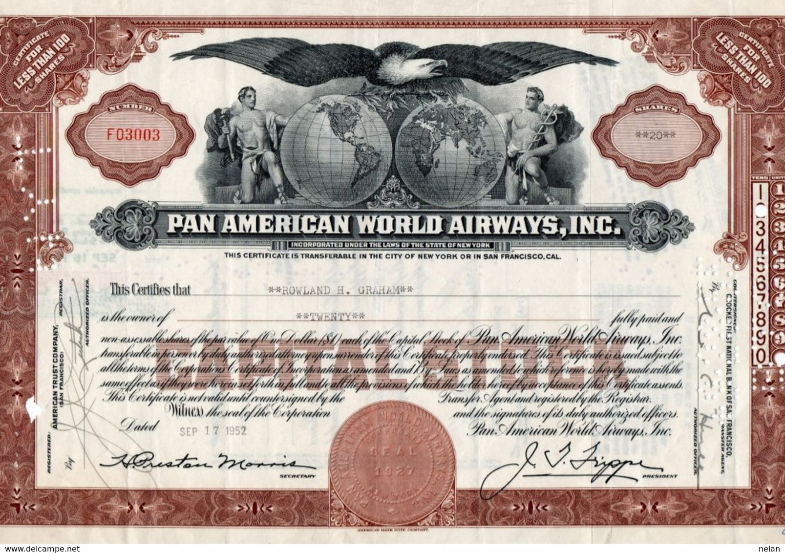 U.S.A. - PAN AMERICAN WORLD AIRWAYS INC. LOTTO 3 TITOLI BANCARI -CAPITAL STOCK -NEW YORK - SAN FRANCISCO - Luchtvaart