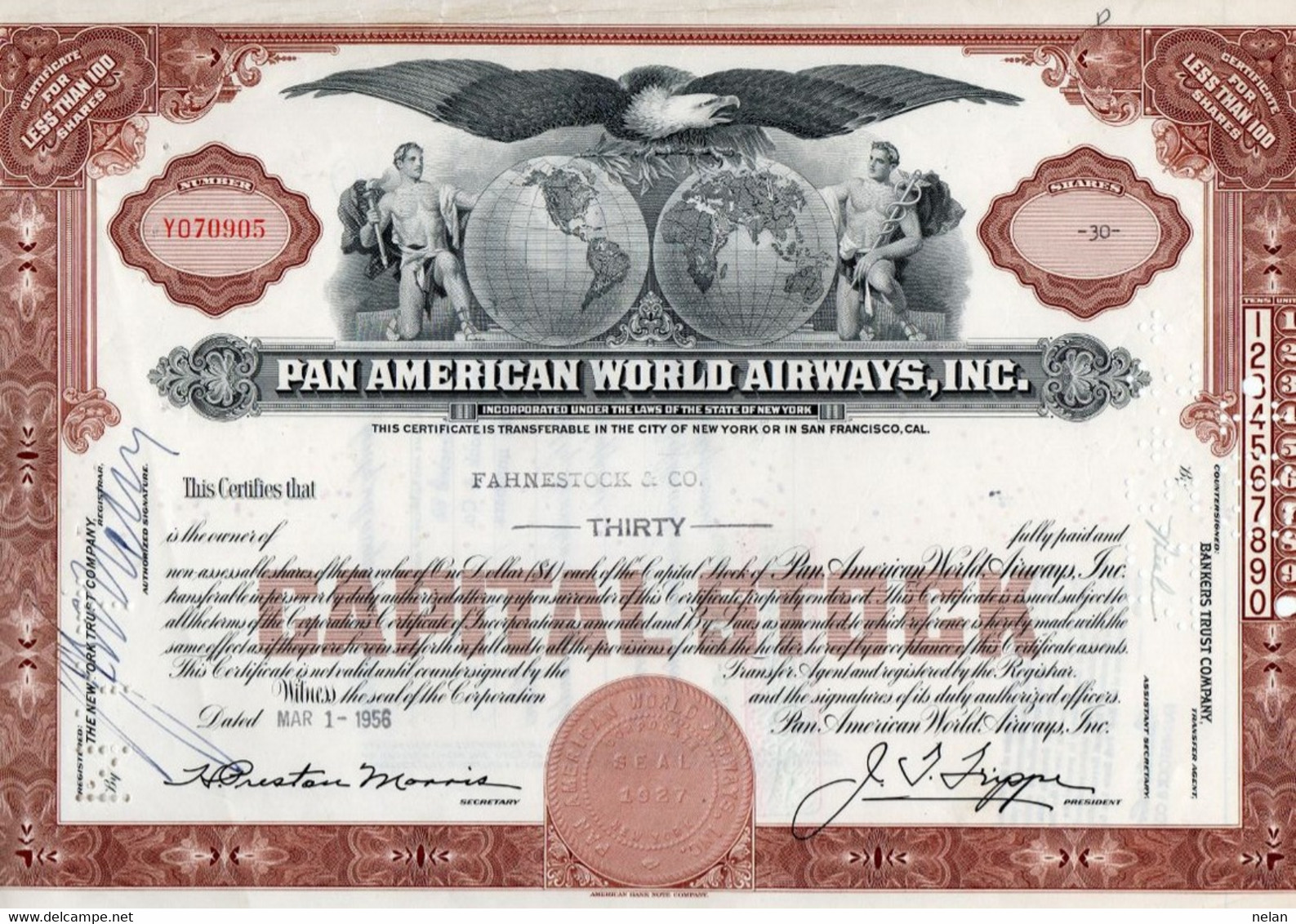 U.S.A. - PAN AMERICAN WORLD AIRWAYS INC. LOTTO 3 TITOLI BANCARI -CAPITAL STOCK -NEW YORK - SAN FRANCISCO - Luchtvaart