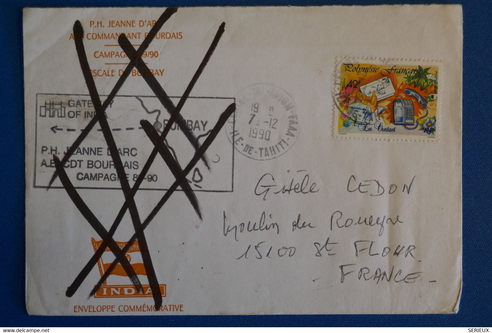 N10 POLYNESIE BELLE LETTRE ASSEZ RARE 1990 TAHITI POUR ST FLOUR FRANCE  SUR JEANNE D ARC+ AFFRANCHISSEMENT PLAISANT - Briefe U. Dokumente