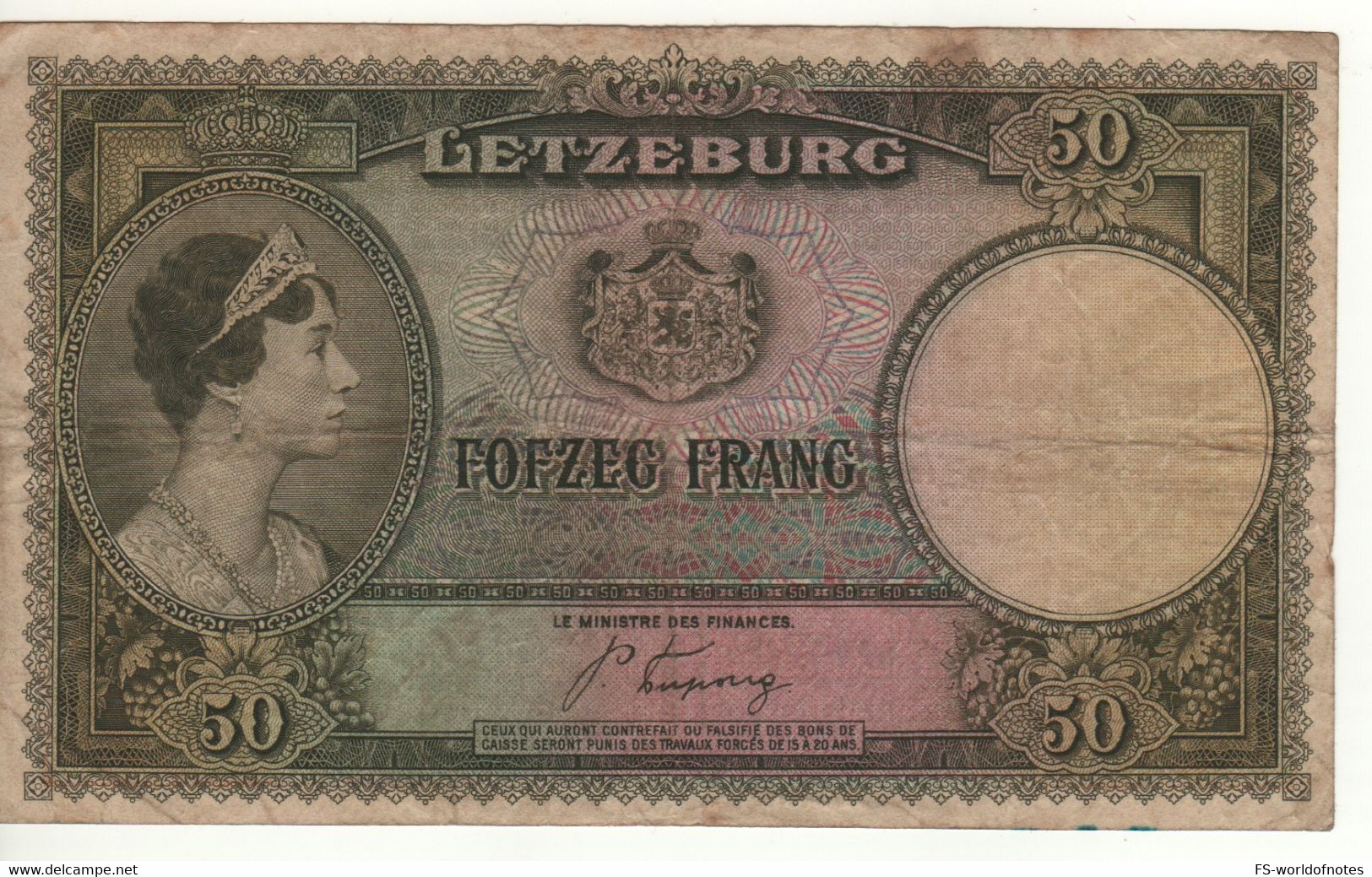 LUXEMBOURG 50 Francs   P46a   ( ND 1944    Grand Duchess Charlotte +  Castle  On Back ) - Luxembourg