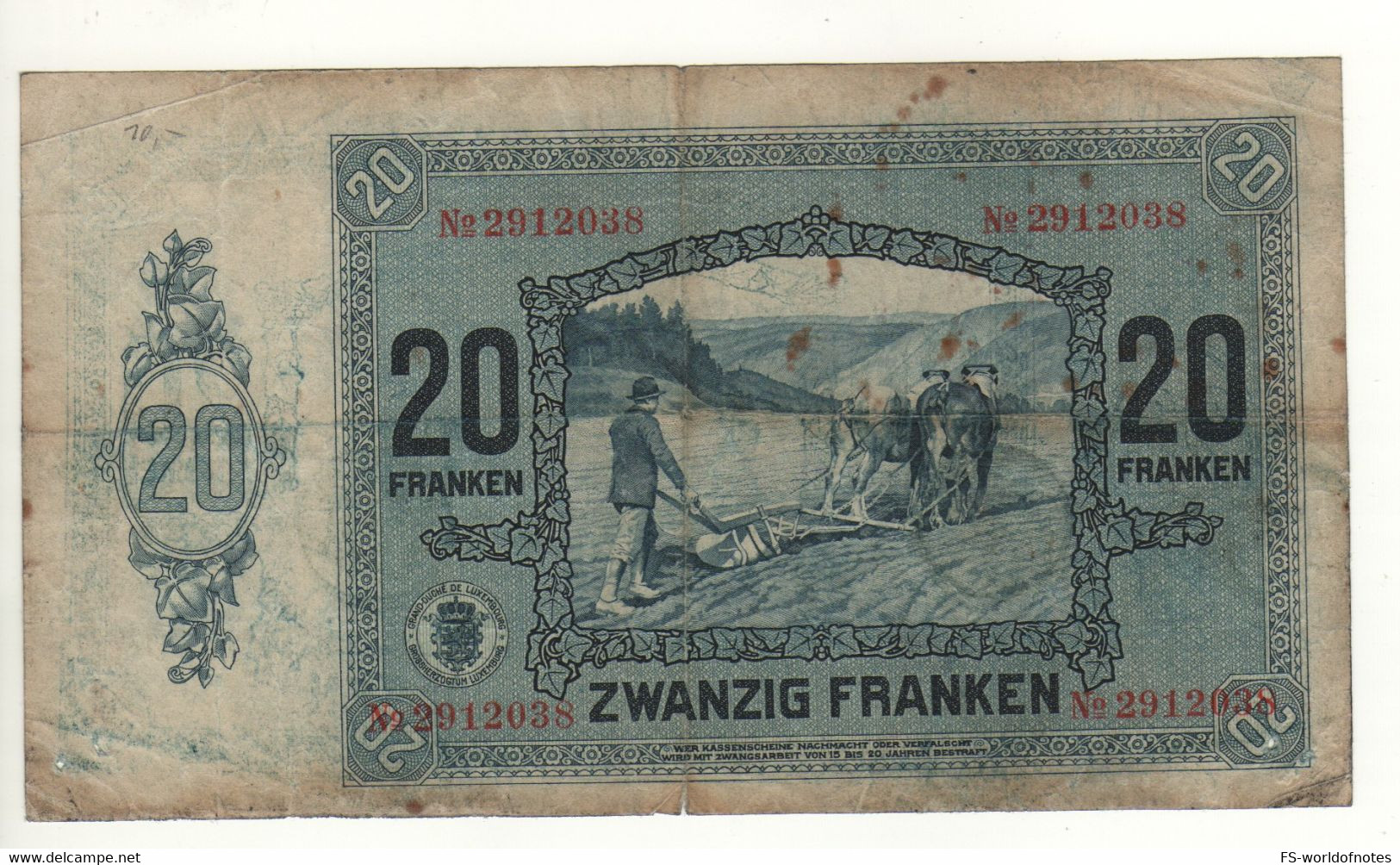 LUXEMBOURG  20 Francs   P37a   ( Dated 	01.10.1929    Grape Harvest +  Plowing On Back ) - Luxemburg
