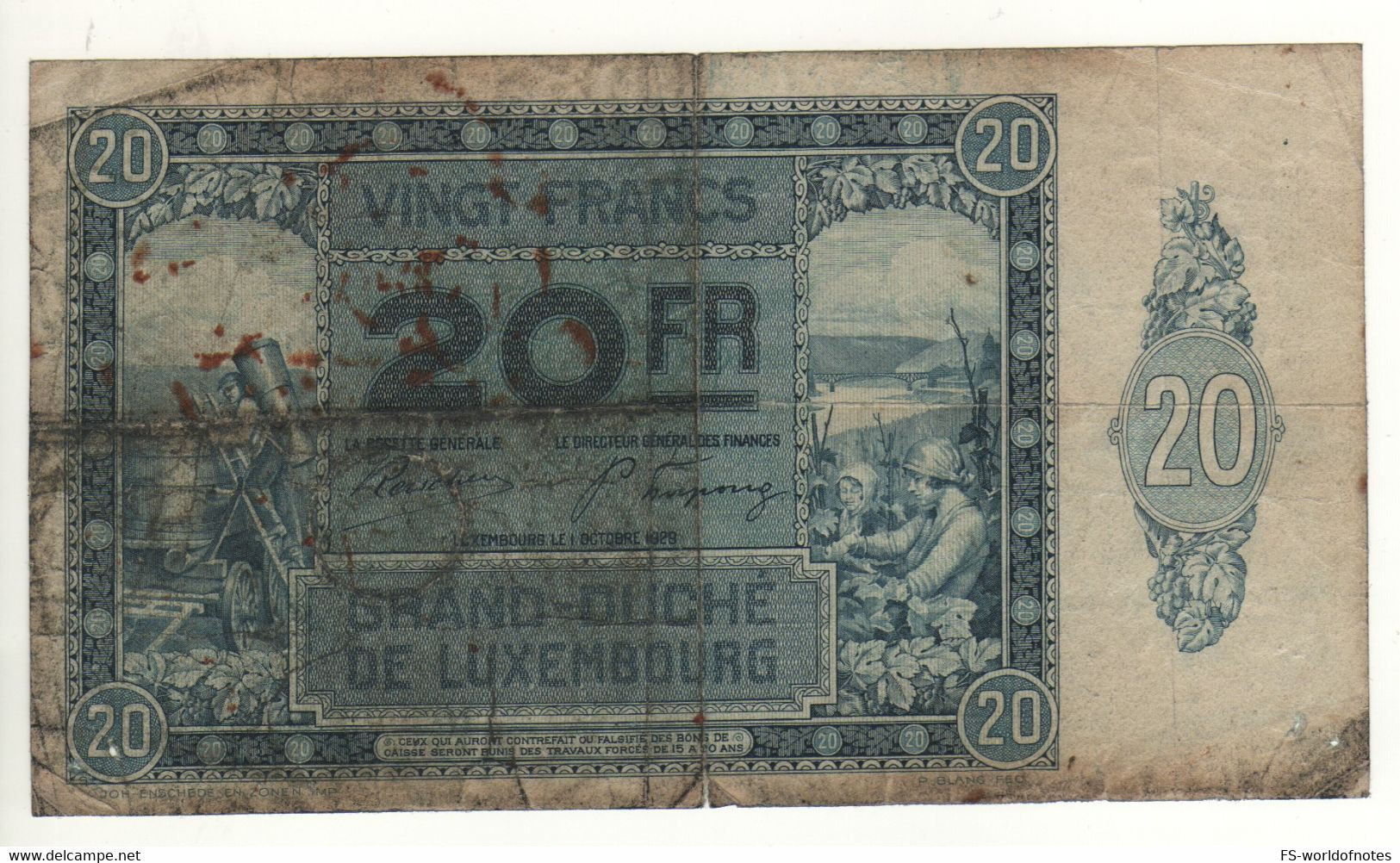LUXEMBOURG  20 Francs   P37a   ( Dated 	01.10.1929    Grape Harvest +  Plowing On Back ) - Luxembourg