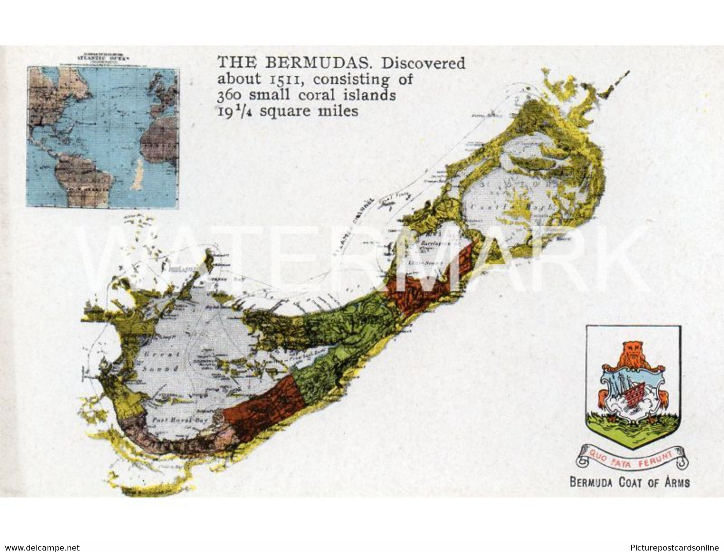 BERMUDA MAP AND COAT OF ARMS OLD COLOUR POSTCARD ANTILLES - Bermuda