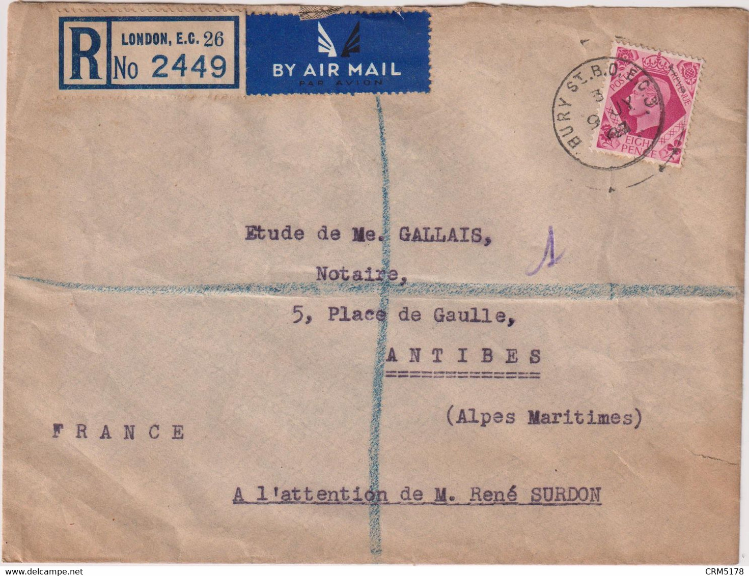 ANGLETERRE-LR BY AIR MAIL-TP OB- CAD BURY ST.B.O.E.C.3-du 9/7/1947 Pour La France - Sin Clasificación