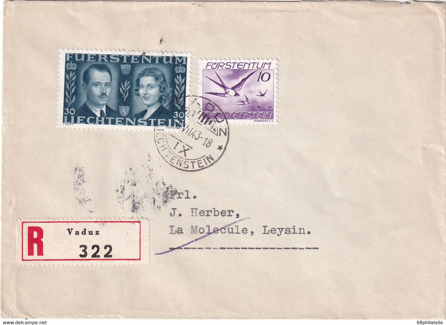 LIECHTENSTEIN 1943 LETTRE RECOMMANDEE DE VADUZ  AVEC CACHET ARRIVEE LEYSIN - Sonstige & Ohne Zuordnung